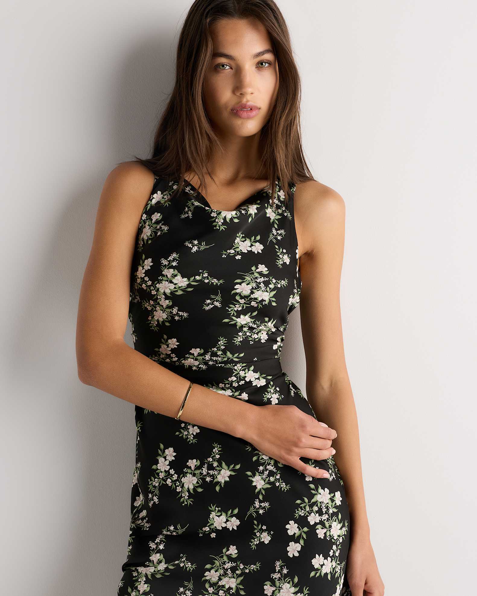 Washable Stretch Silk High Neck Midi Dress in Black Vintage Pink Petite Floral Washable Stretch Silk High Neck Midi Dress in Black Vintage Pink Petite Floral