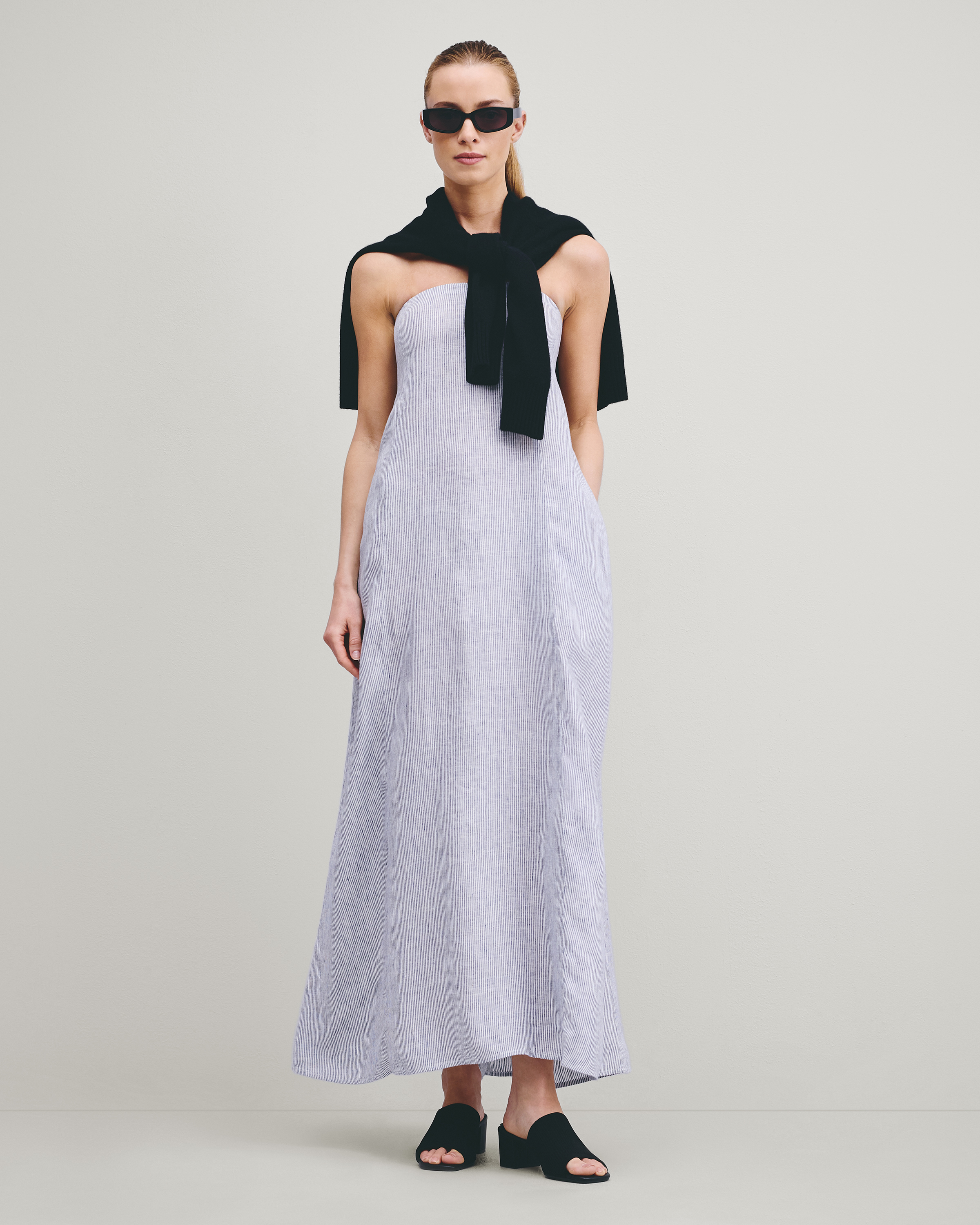 Blue Pinstripe 100% European Linen Strapless Maxi Dress