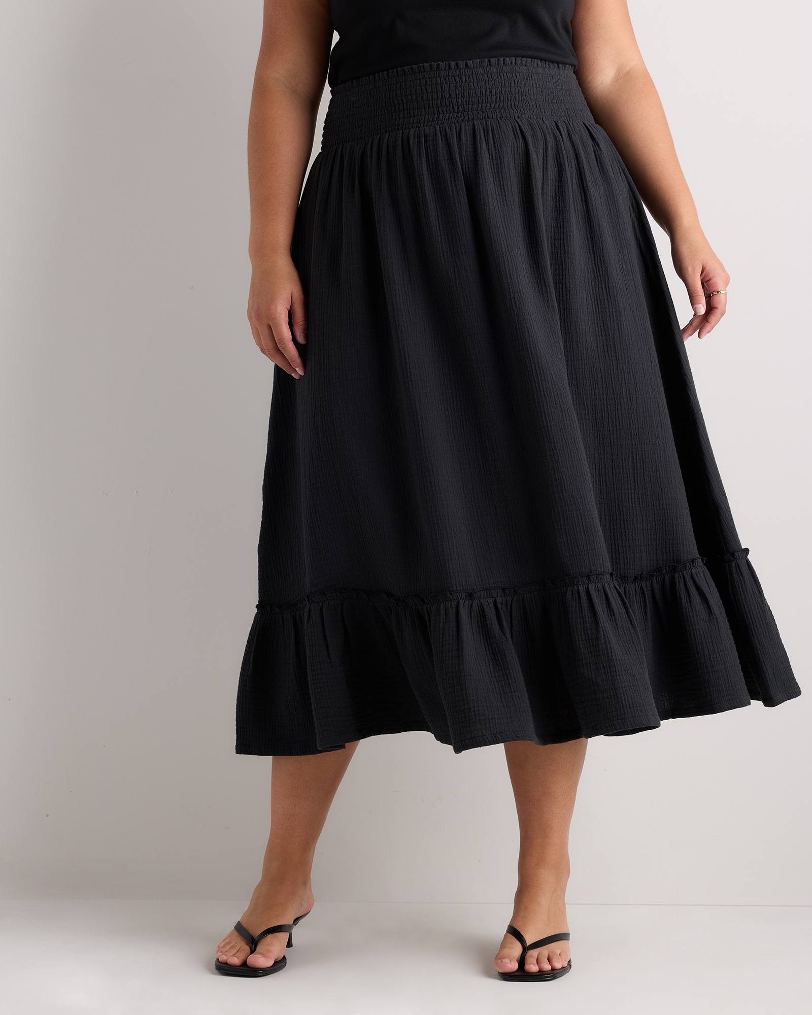 Black 100% Organic Cotton Gauze Smocked Maxi Skirt