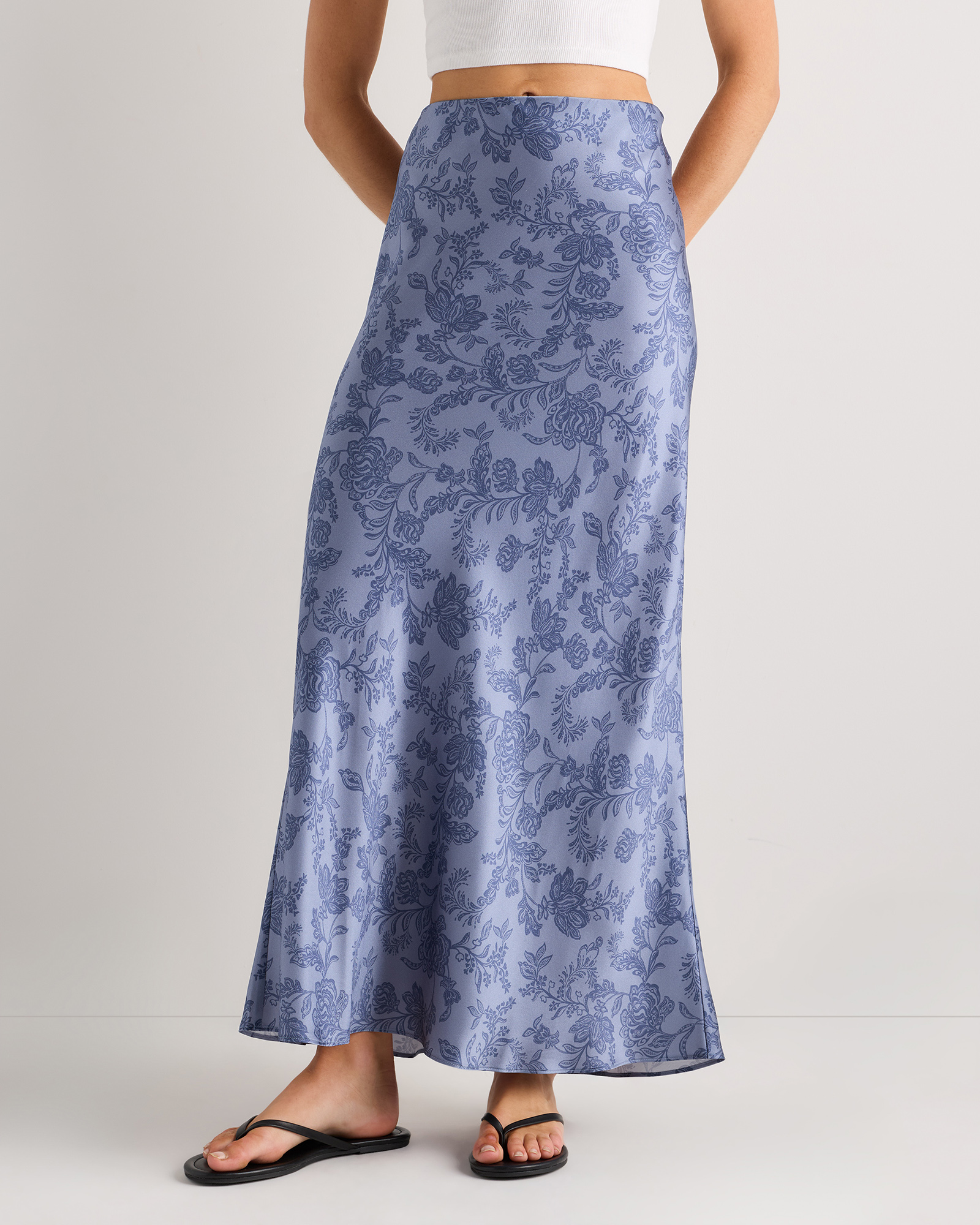 Moonstone Blue Heirloom Floral 100% Washable Silk Maxi Skirt