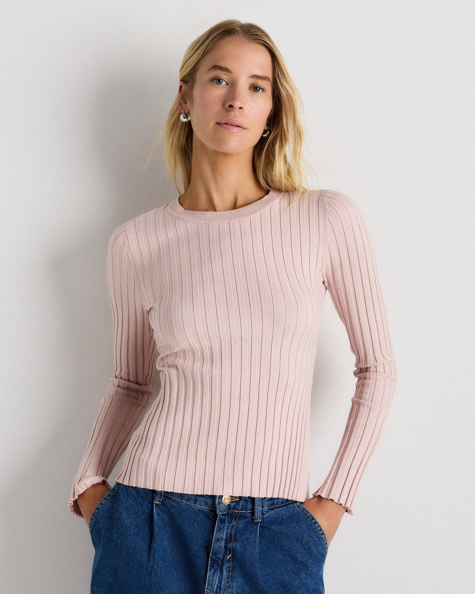Sugar Stone Cotton Cashmere Ribbed Long Sleeve Sweater 