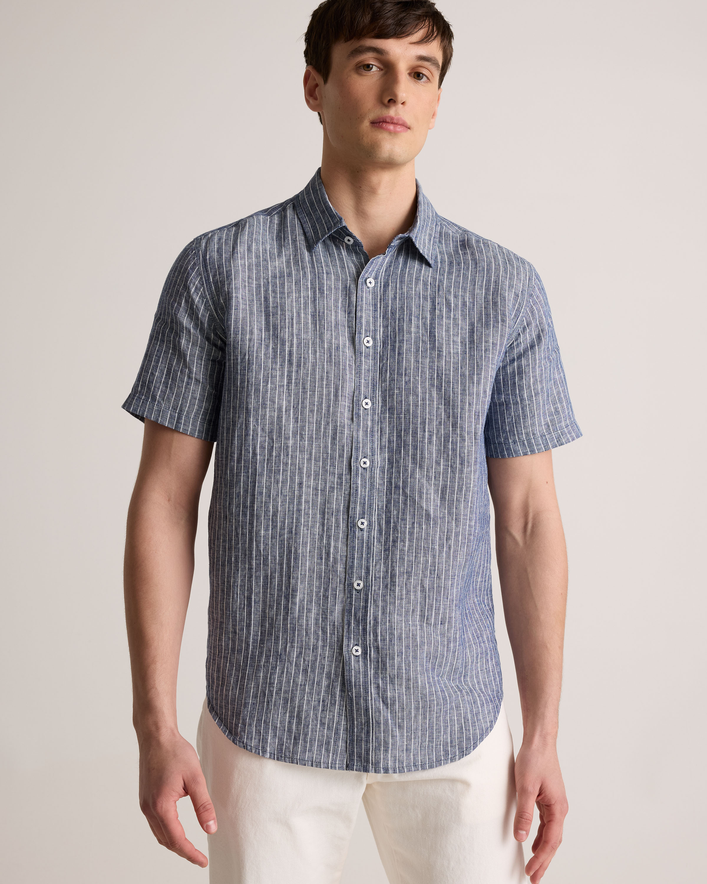Men's 100% European Linen Short Sleeve Shirt in Chambray Stripe
