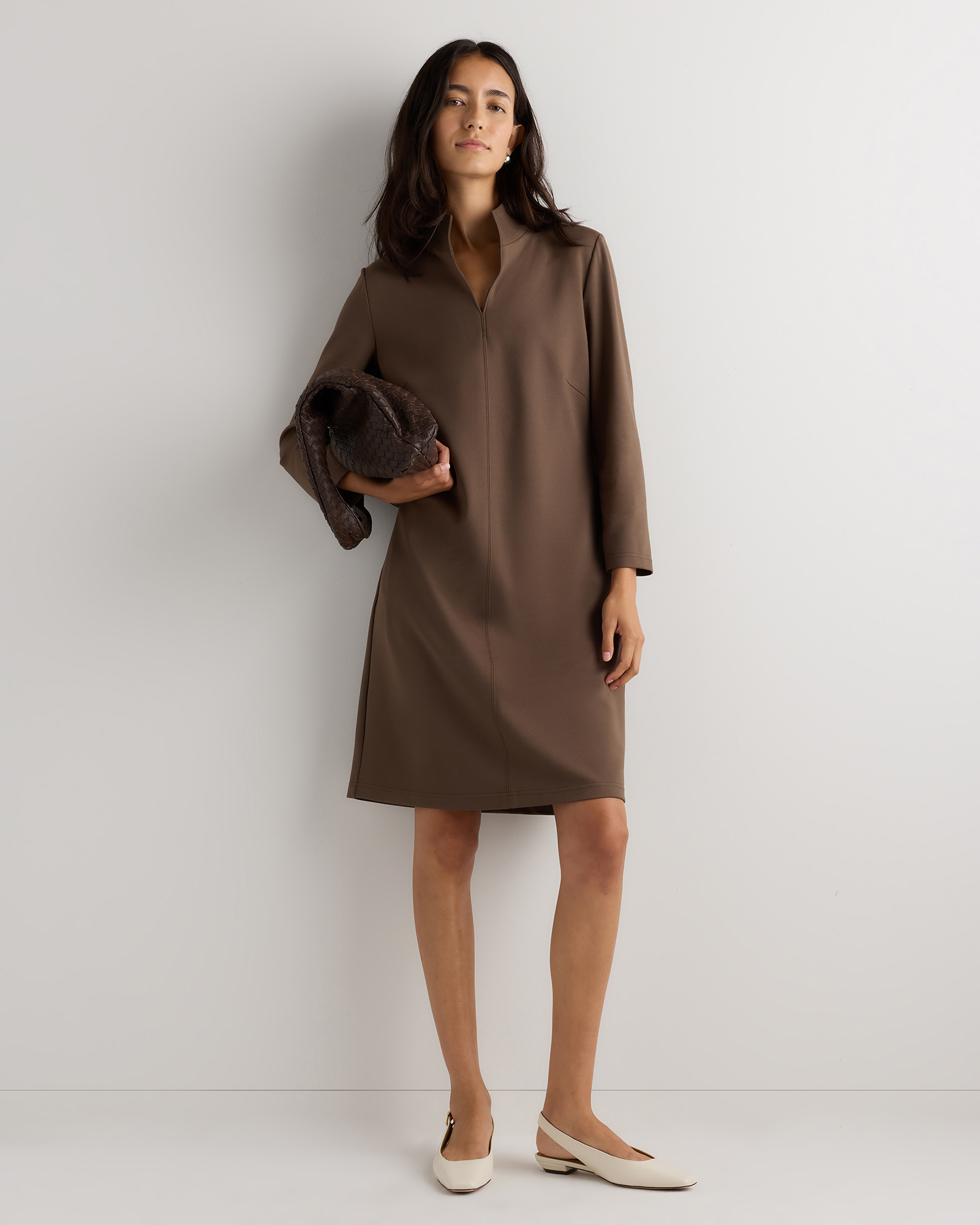 Dark Baltic Brown Ultra-Stretch Ponte Split Neck Mini Dress