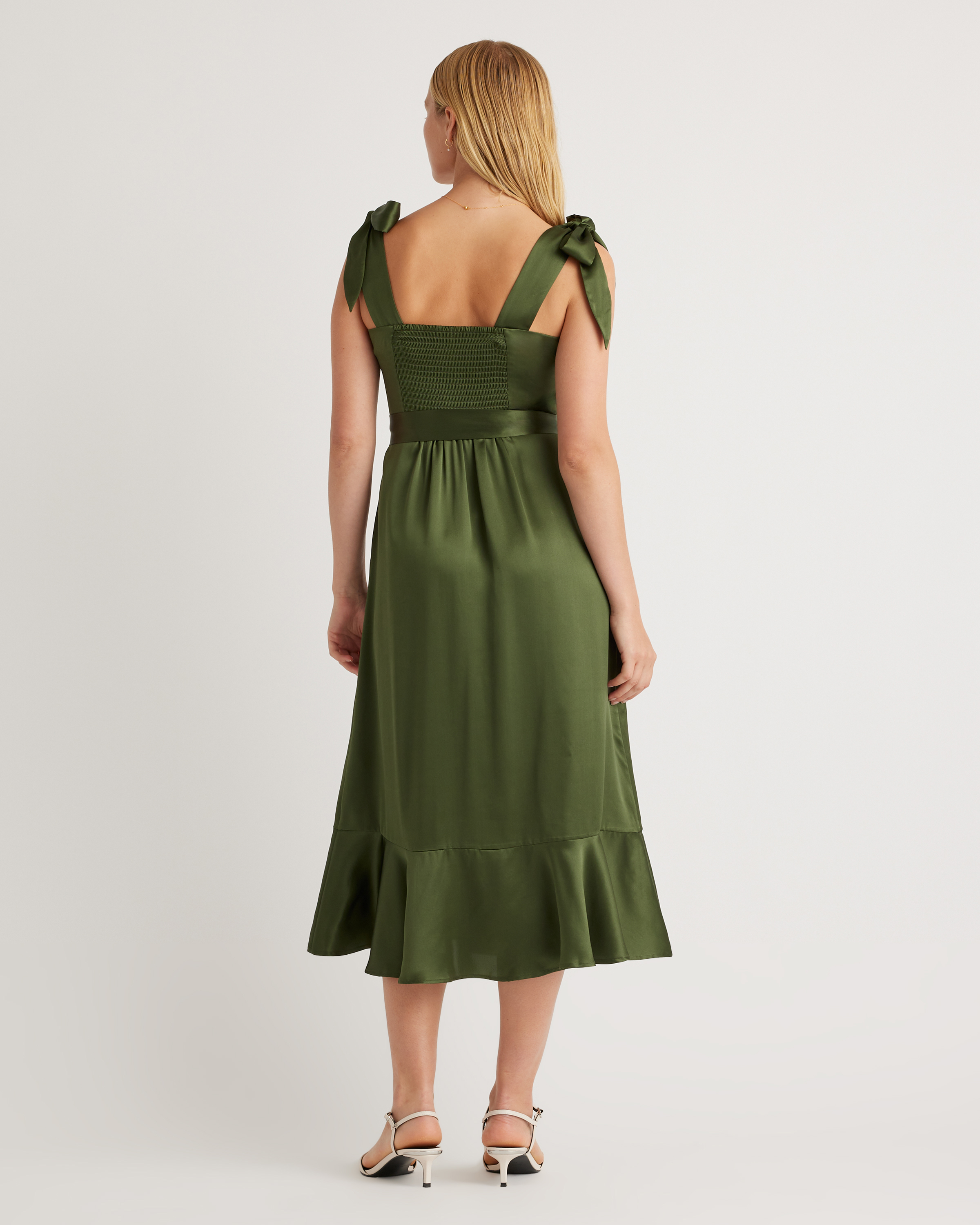 100% Washable Silk Square Neck Midi Dress in Basil Green