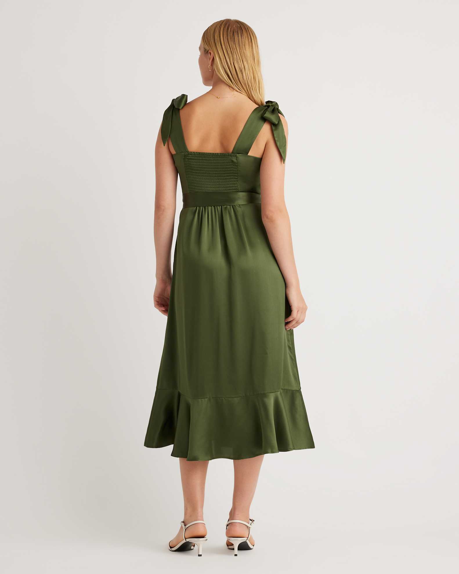 100% Washable Silk Square Neck Midi Dress in Basil Green 100% Washable Silk Square Neck Midi Dress in Basil Green