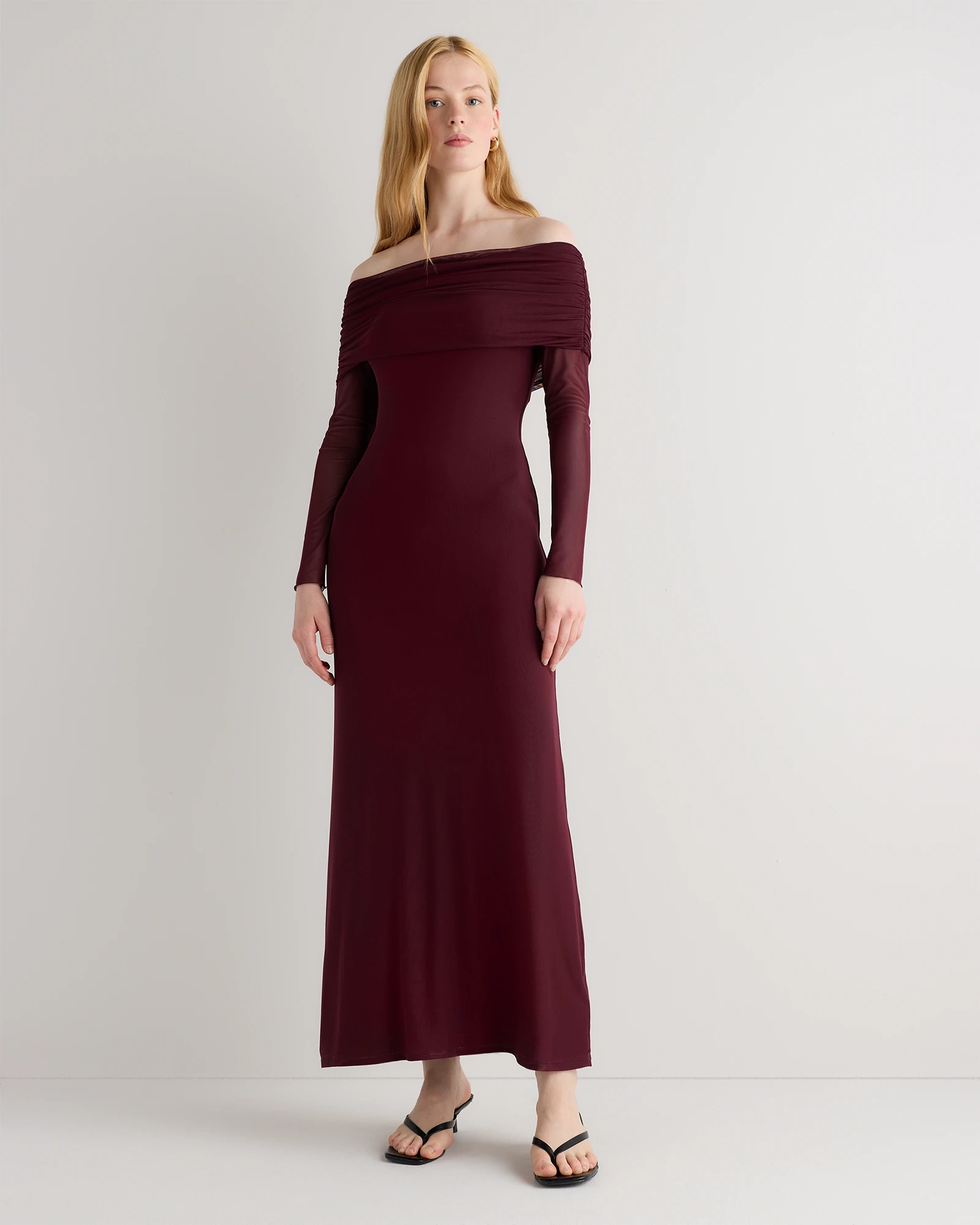Mesh Knit Off The Shoulder Maxi Dress