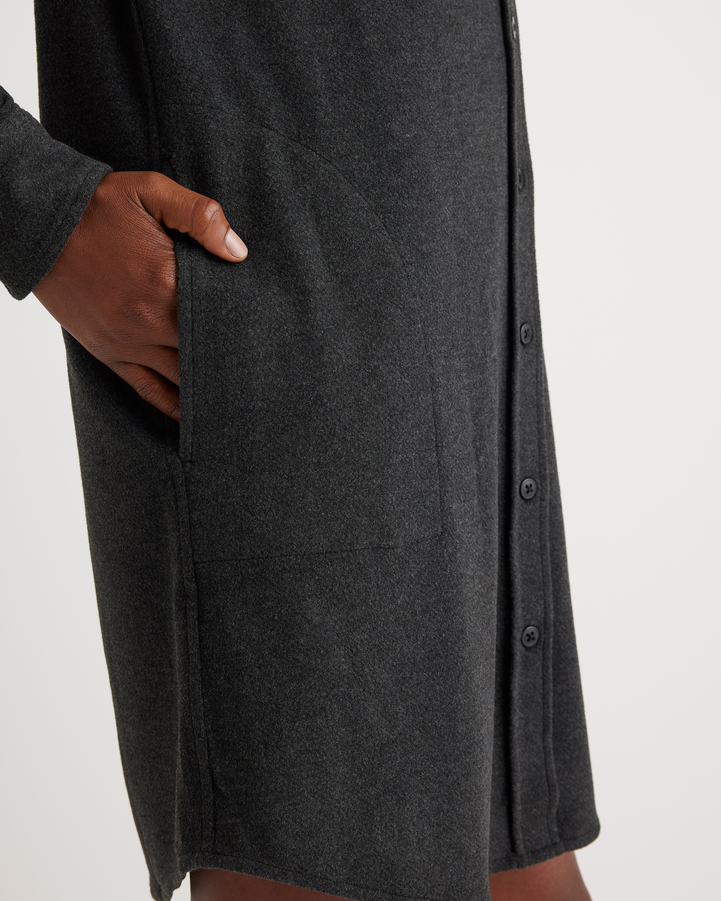 fleece shirt dress Quince Women's Stretch Sweater Fleece Shirt Dress, Medium Size, Black, Recycled Polyester, Button-Front, Relaxed Fit