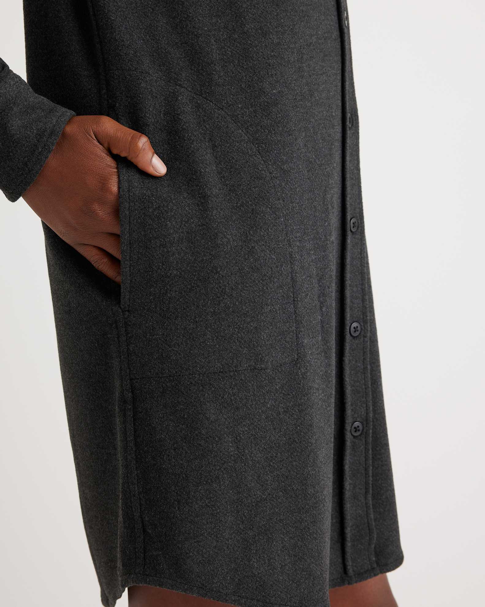 fleece shirt dress Quince Women's Stretch Sweater Fleece Shirt Dress, Medium Size, Black, Recycled Polyester, Button-Front, Relaxed Fit