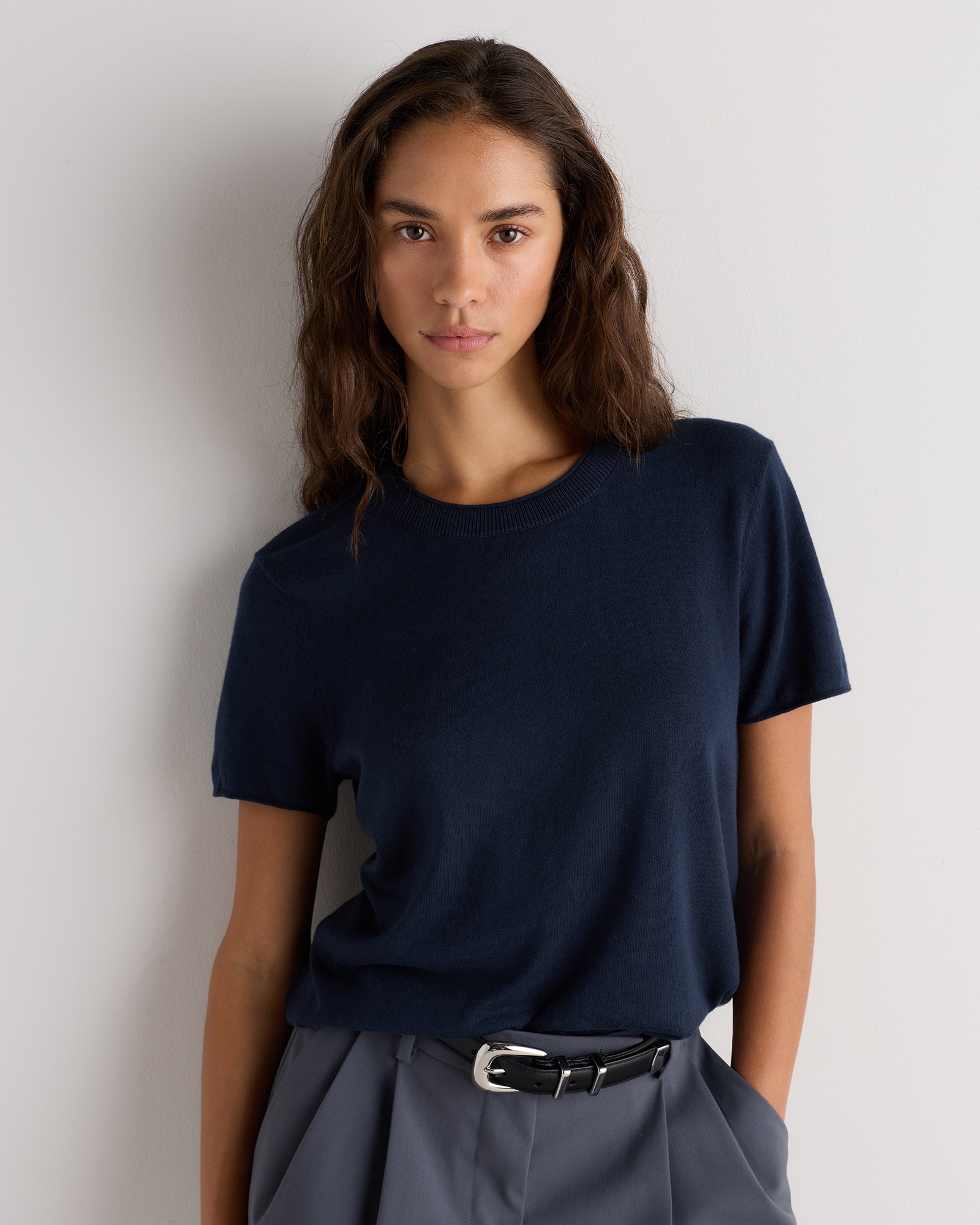 Atlas Navy Lightweight Cotton Cashmere Relaxed Sweater Tee