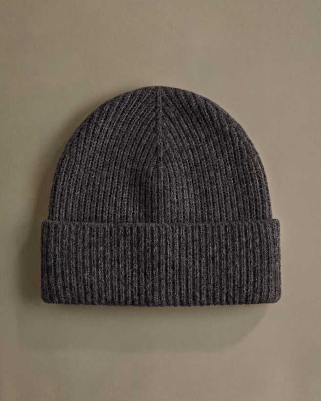 Heather Charcoal Mongolian Cashmere Ribbed Beanie