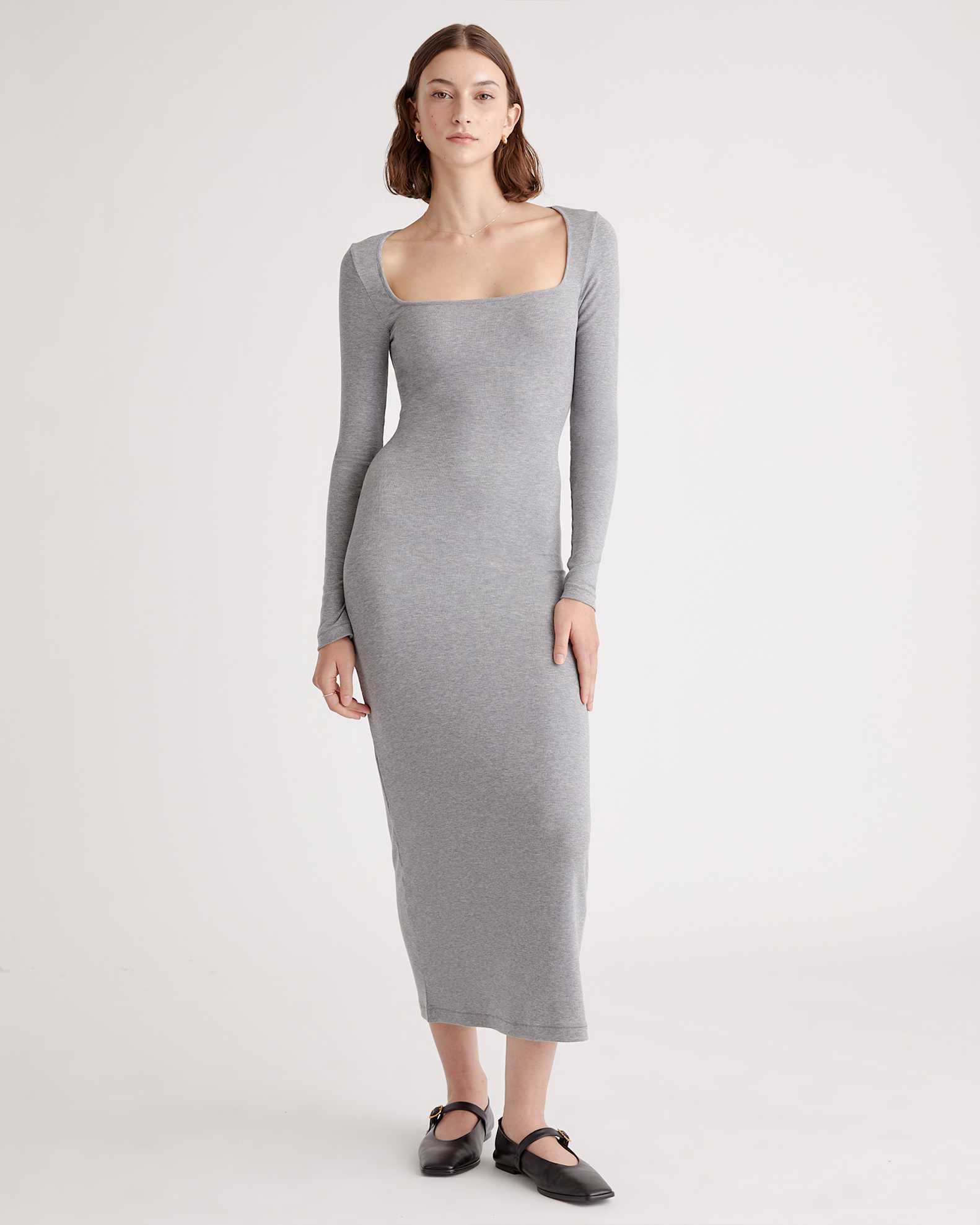 Tencel Rib Knit Long Sleeve Square Neck Dress Tencel Rib Knit Long Sleeve Square Neck Dress