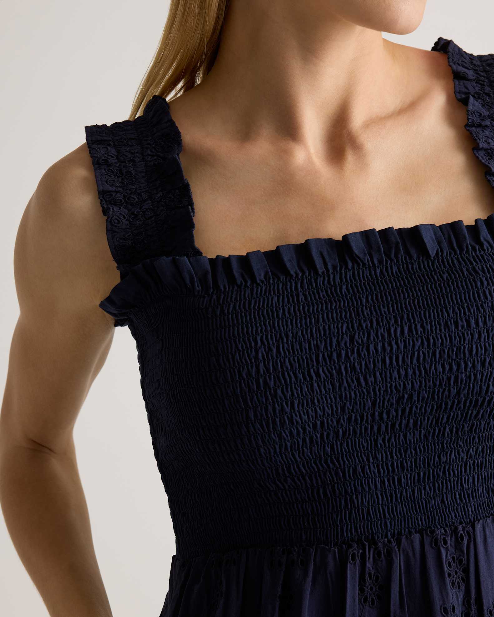 100% Organic Cotton Eyelet Smocked Midi Dress in Navy 100% Organic Cotton Eyelet Smocked Midi Dress in Navy