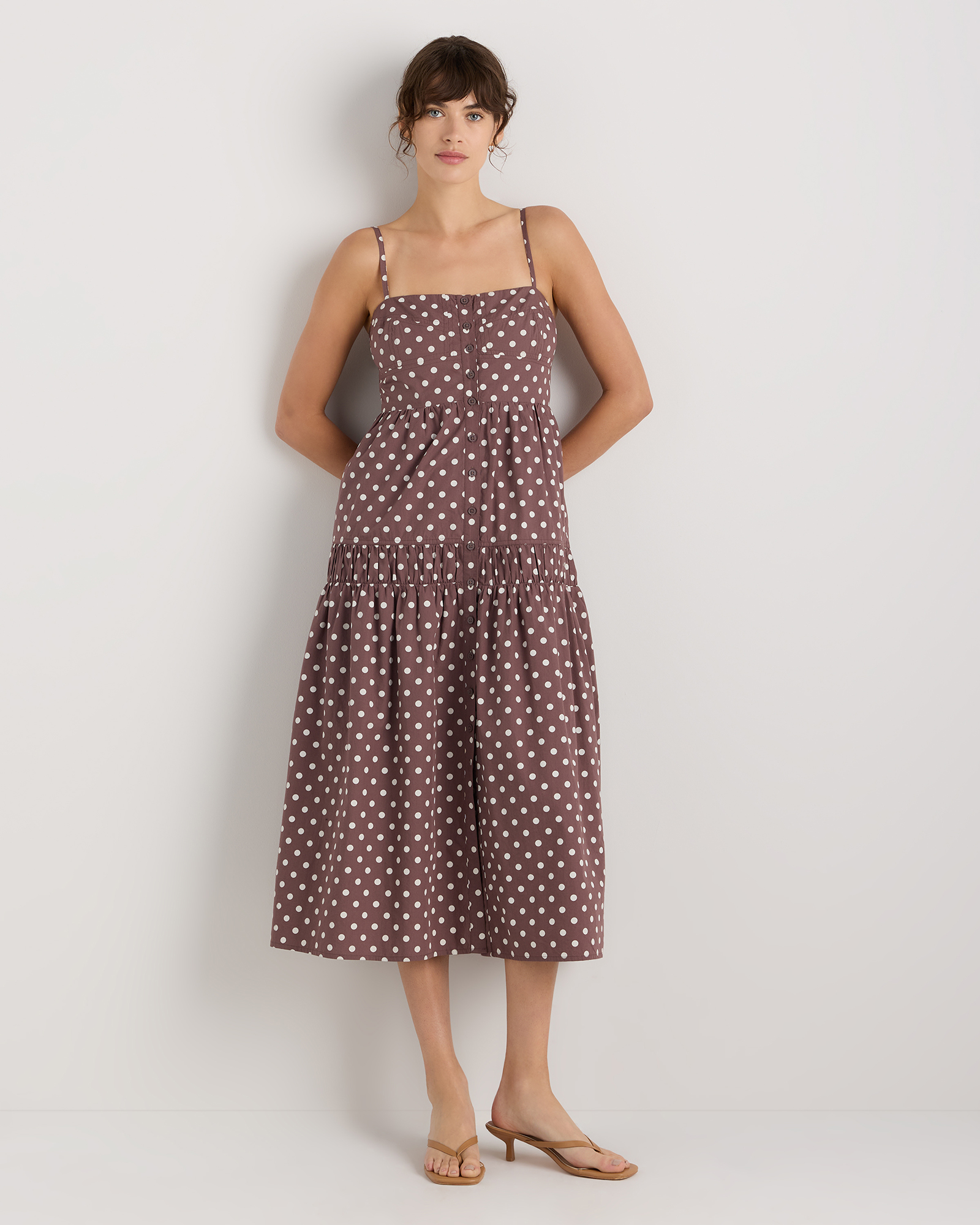 Mocha Midi Dot 100% Organic Cotton Poplin Spaghetti Strap Maxi Dress