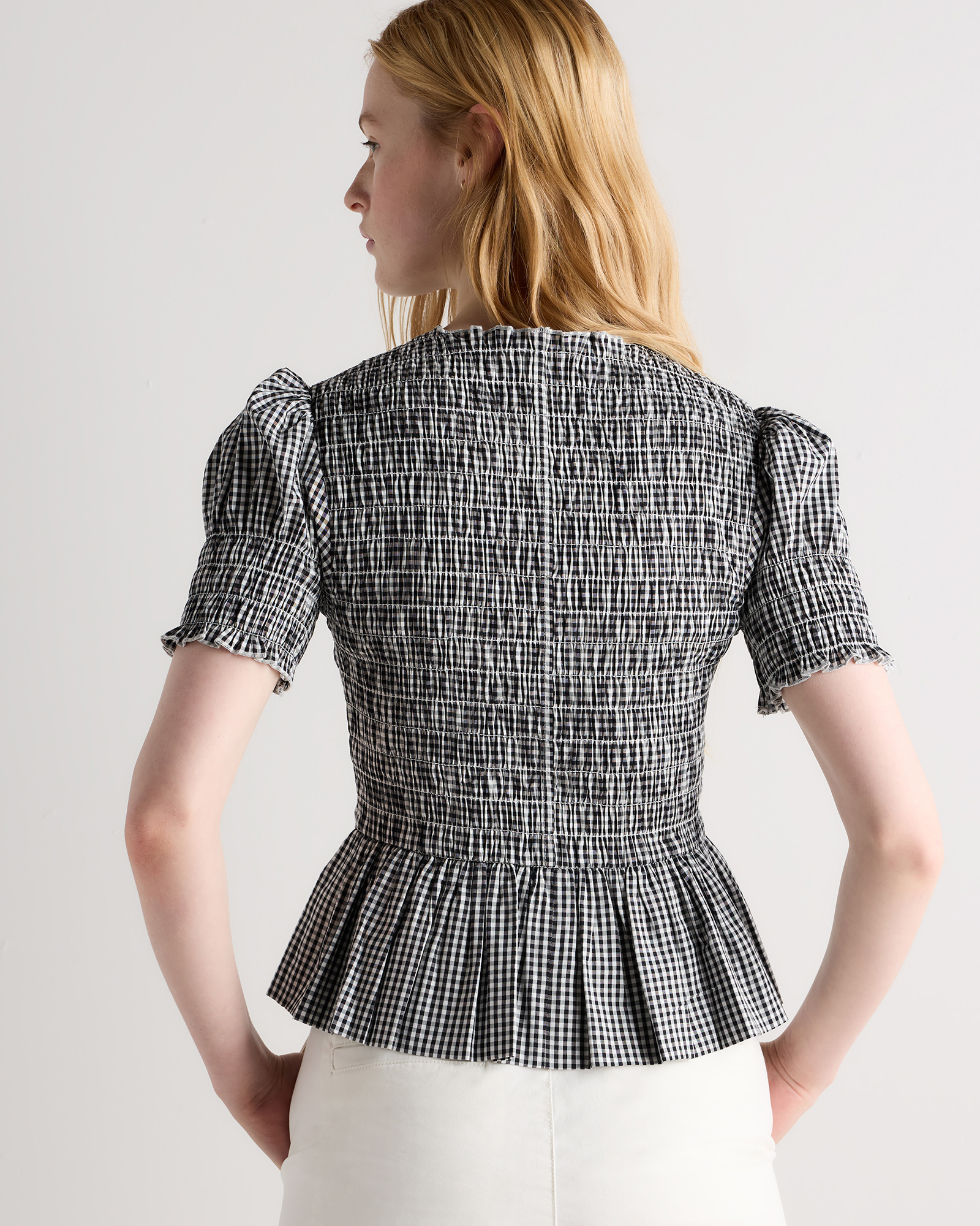 Cotton Viscose Voile Smocked Peplum Top in Classic Mini Gingham