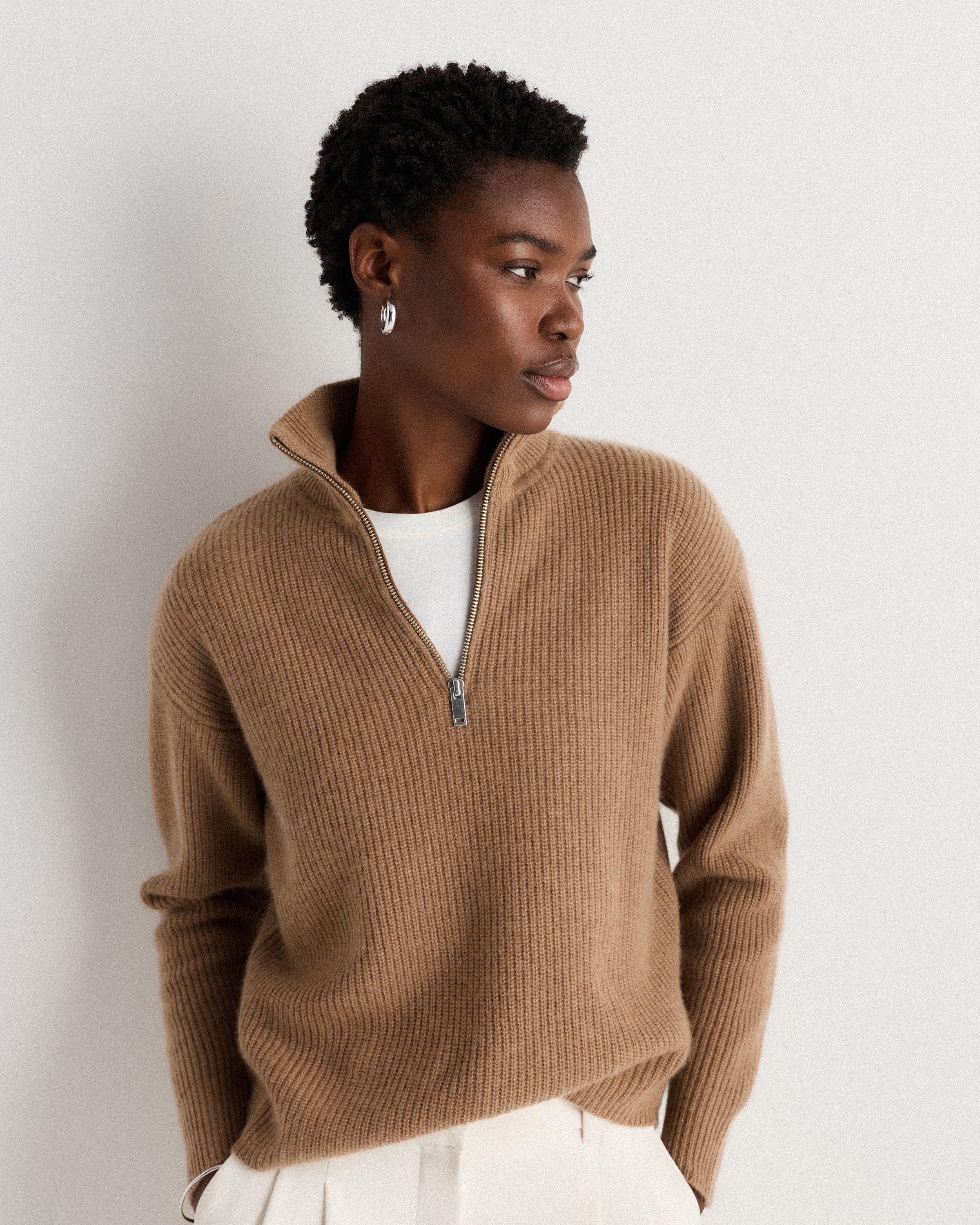 Mongolian Cashmere Fisherman Quarter Zip Sweater in Teak
