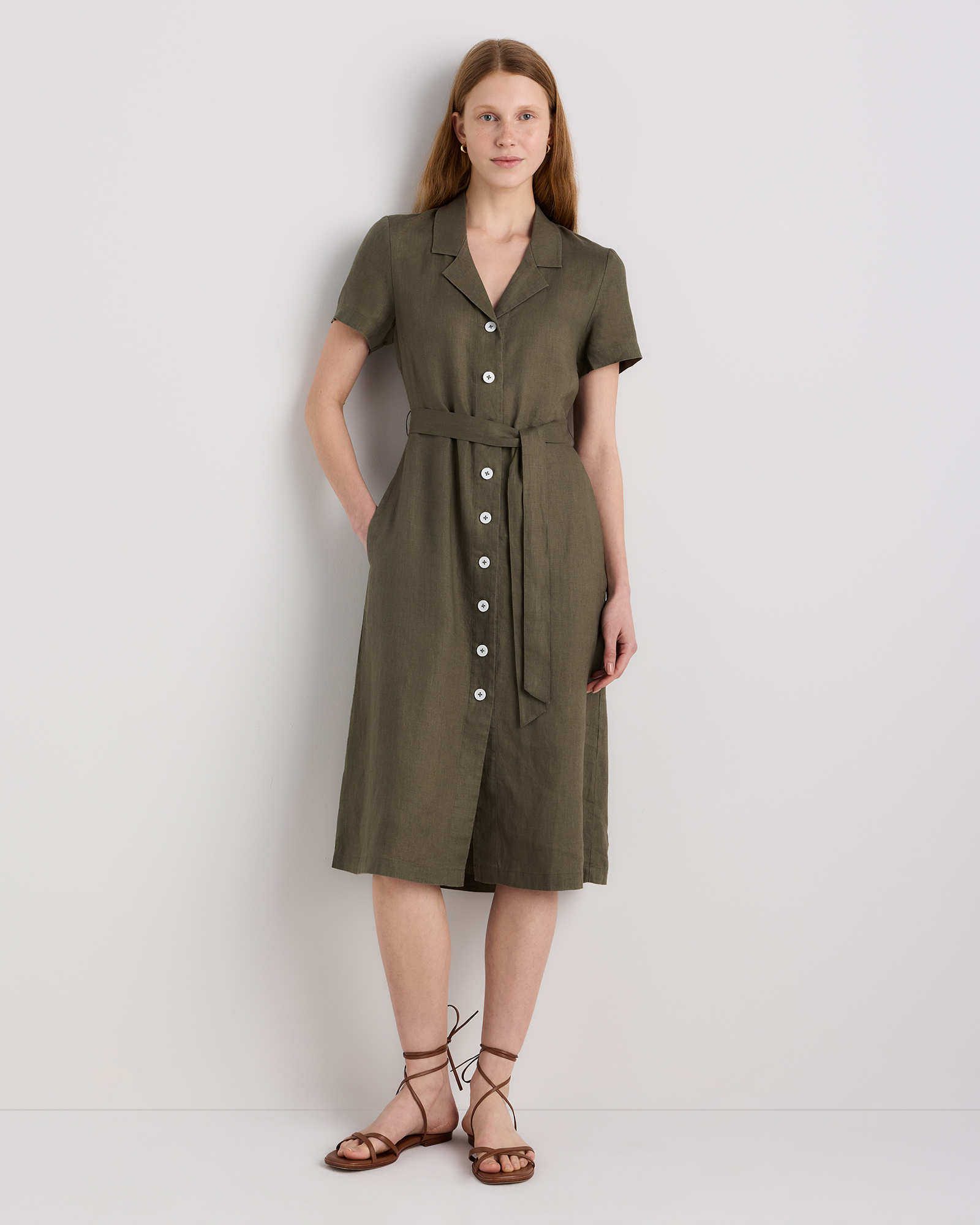 Bayberry Olive 100% European Linen Button Front Dress