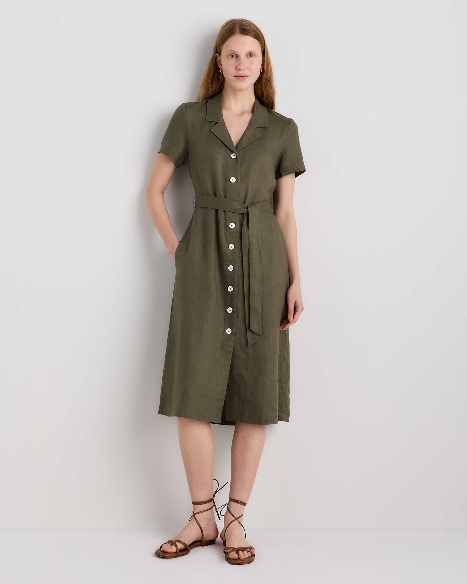 100% European Linen Button Front Dress in Bayberry Olive 100% European Linen Button Front Dress in Bayberry Olive