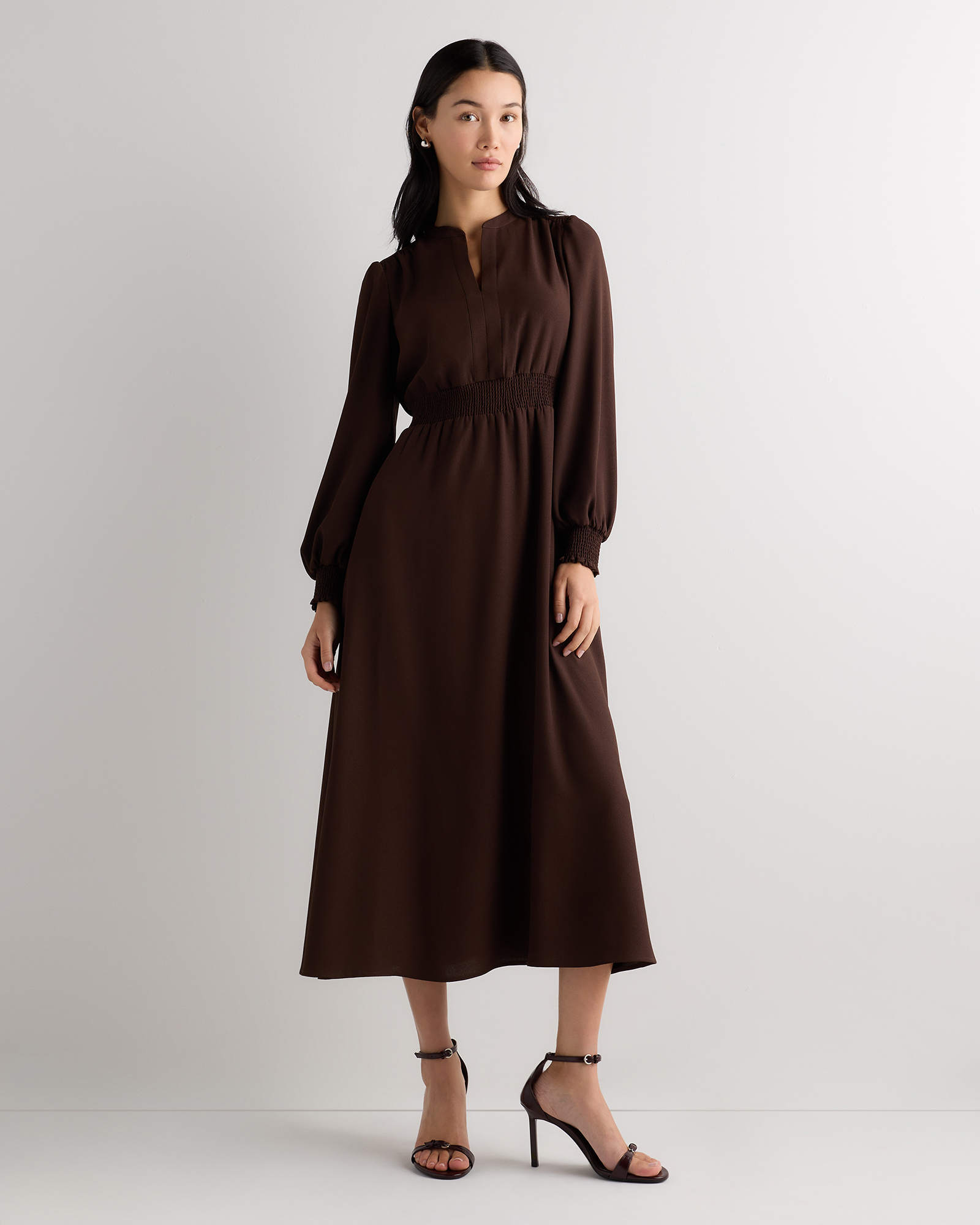 Coffee Bean Brown Matte Crepe Long Sleeve Midi Dress