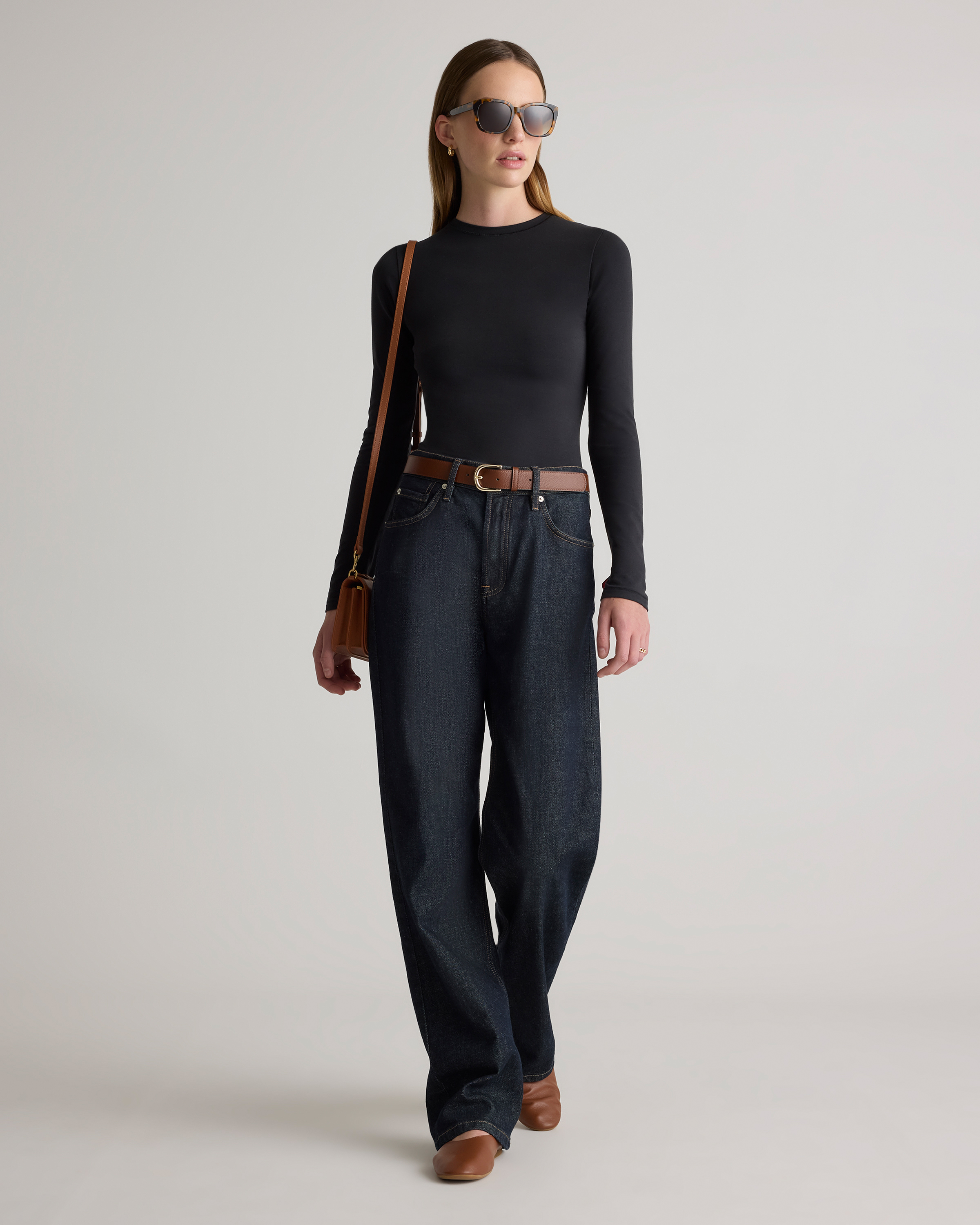 Stretch Cotton Jersey Fitted Long Sleeve T-Shirt in Black