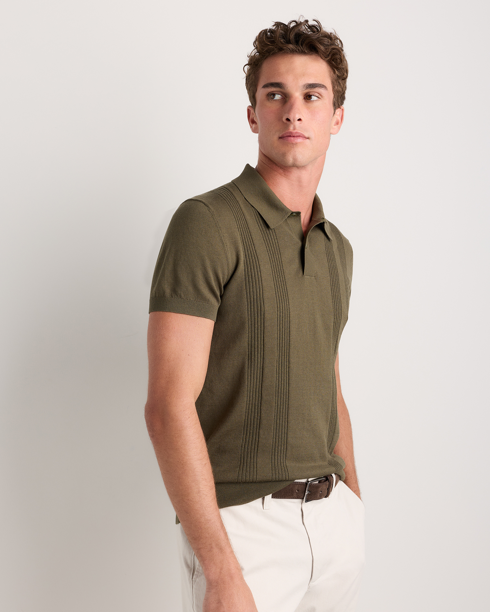 Cotton Silk Ribbed Short Sleeve Sweater Polo in Bayberry Olive
