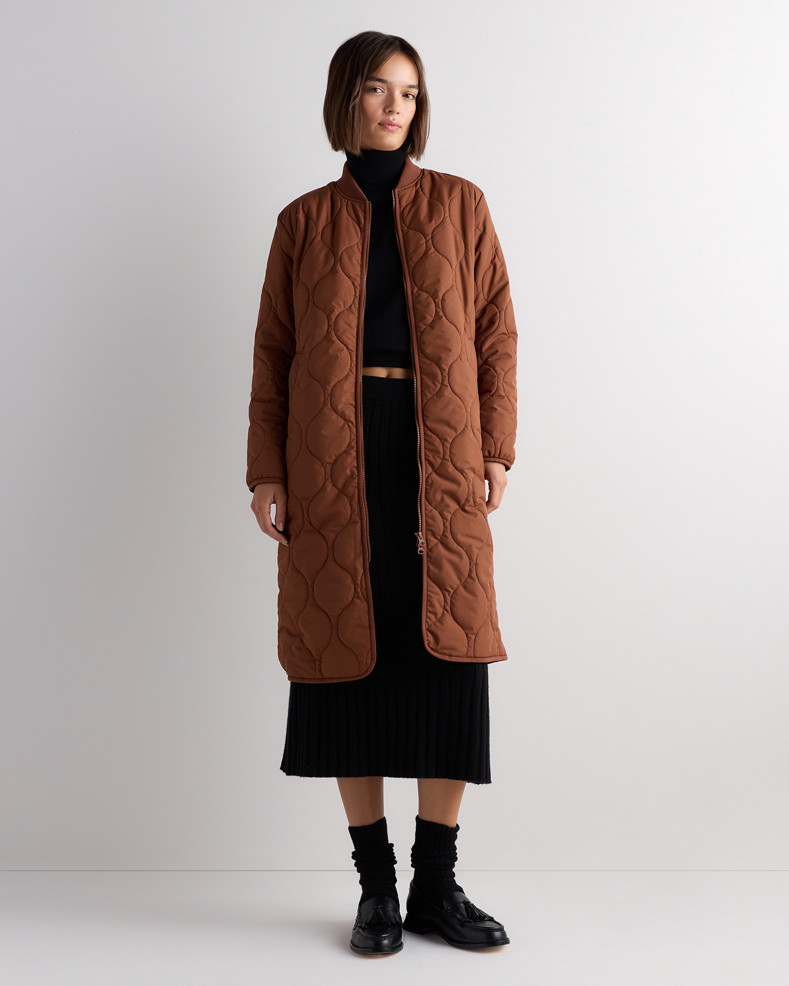 Dark Tobacco Brown Featherless Quilted Puffer Long Coat