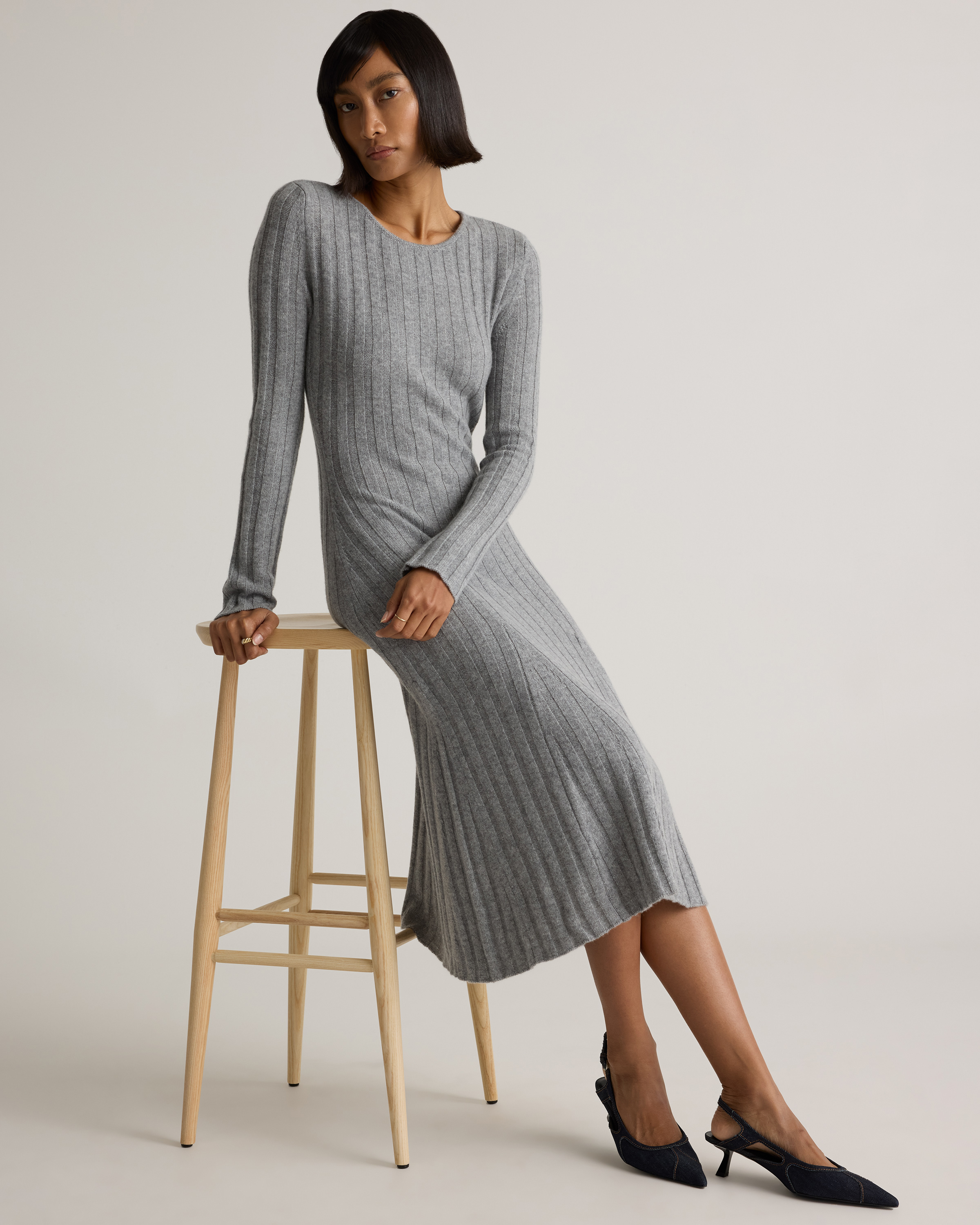 grey cashmere dress Quince Women's Mongolian Cashmere Wide-Rib Midi Dress, Heather Grey, Size Small