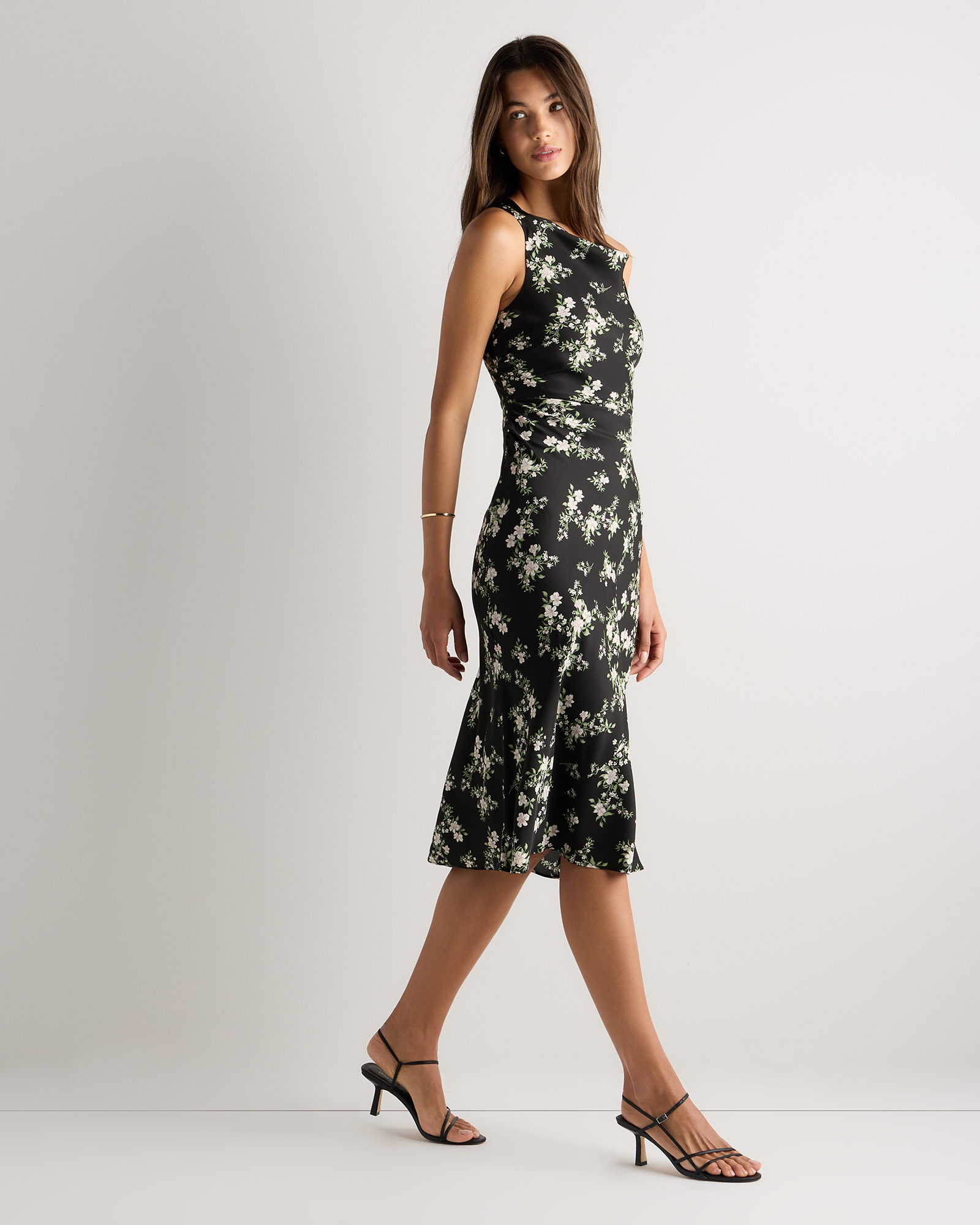 Washable Stretch Silk High Neck Midi Dress in Black Vintage Pink Petite  Floral