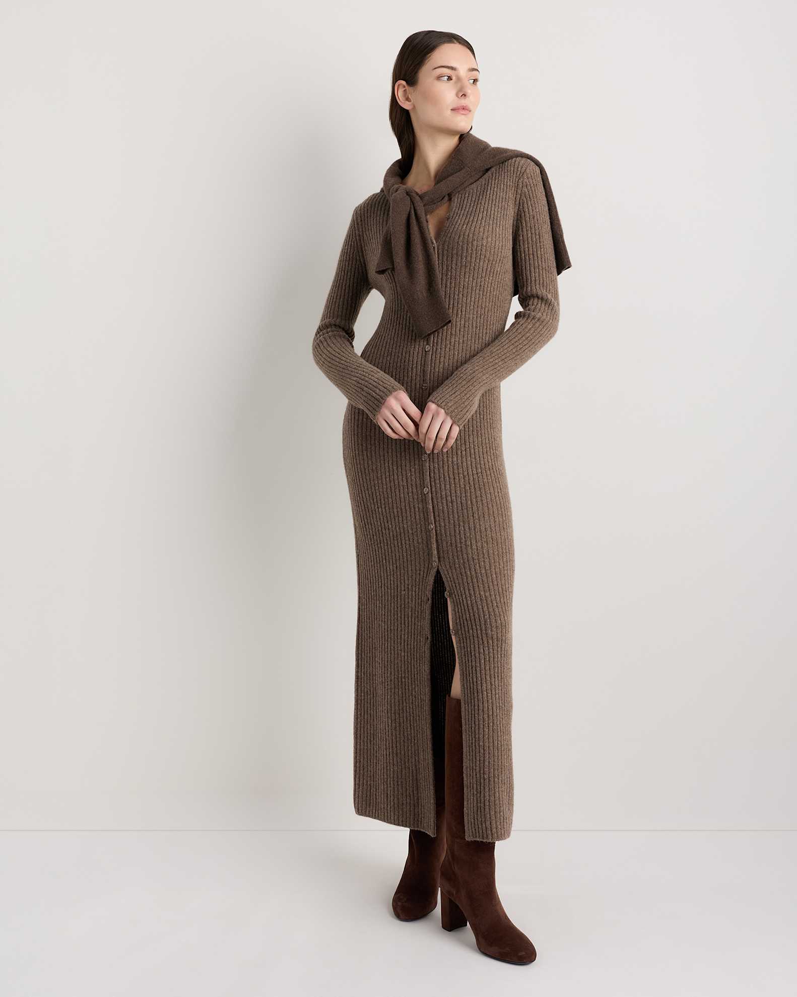 Women's 100% Yak Wool Ribbed Cardigan Sweater Dress in Heather Brown, Size XL by Quince Women's 100% Yak Wool Ribbed Cardigan Sweater Dress in Heather Brown, Size XL by Quince