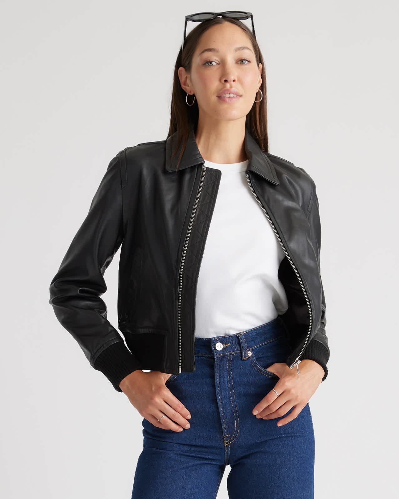 Women's Lightweight Cropped Bomber Jacket - Short Sleeve Zip-Up, Solid Color