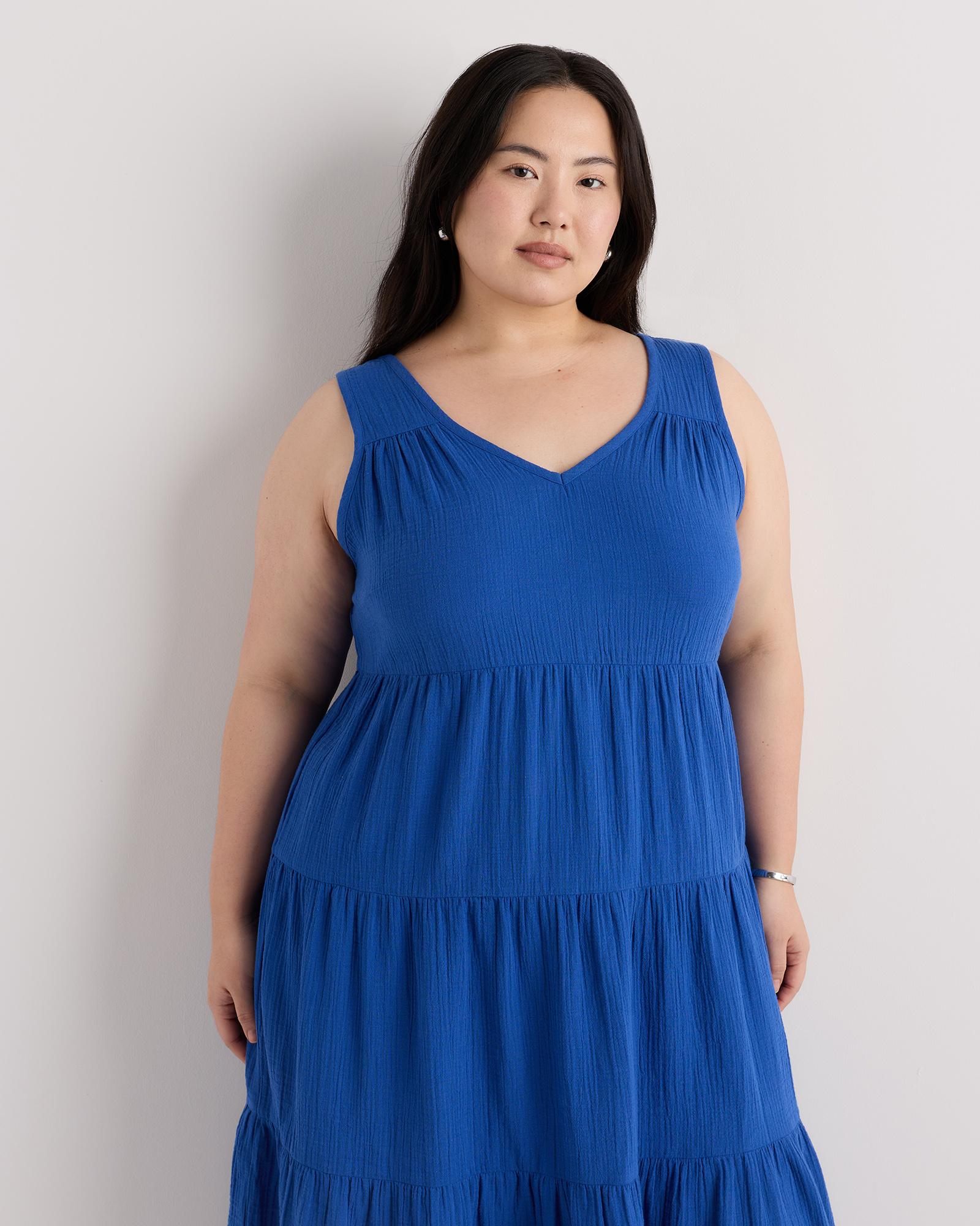Extended Sizes 100% Organic Cotton Gauze Tiered Maxi Dress - Plus Size in  Orchid Blue