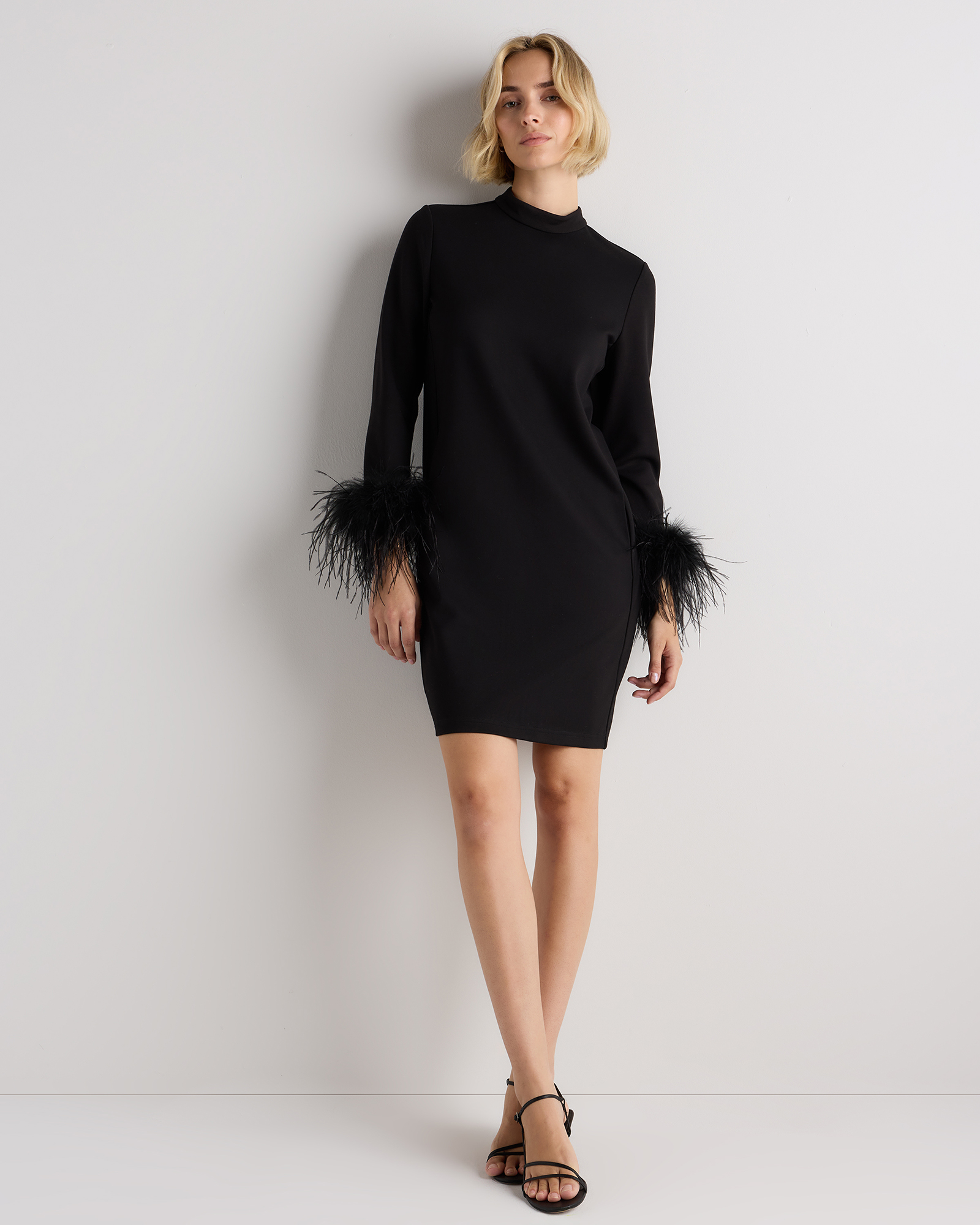 Black Ultra-Stretch Ponte Feather Trim Mini Dress
