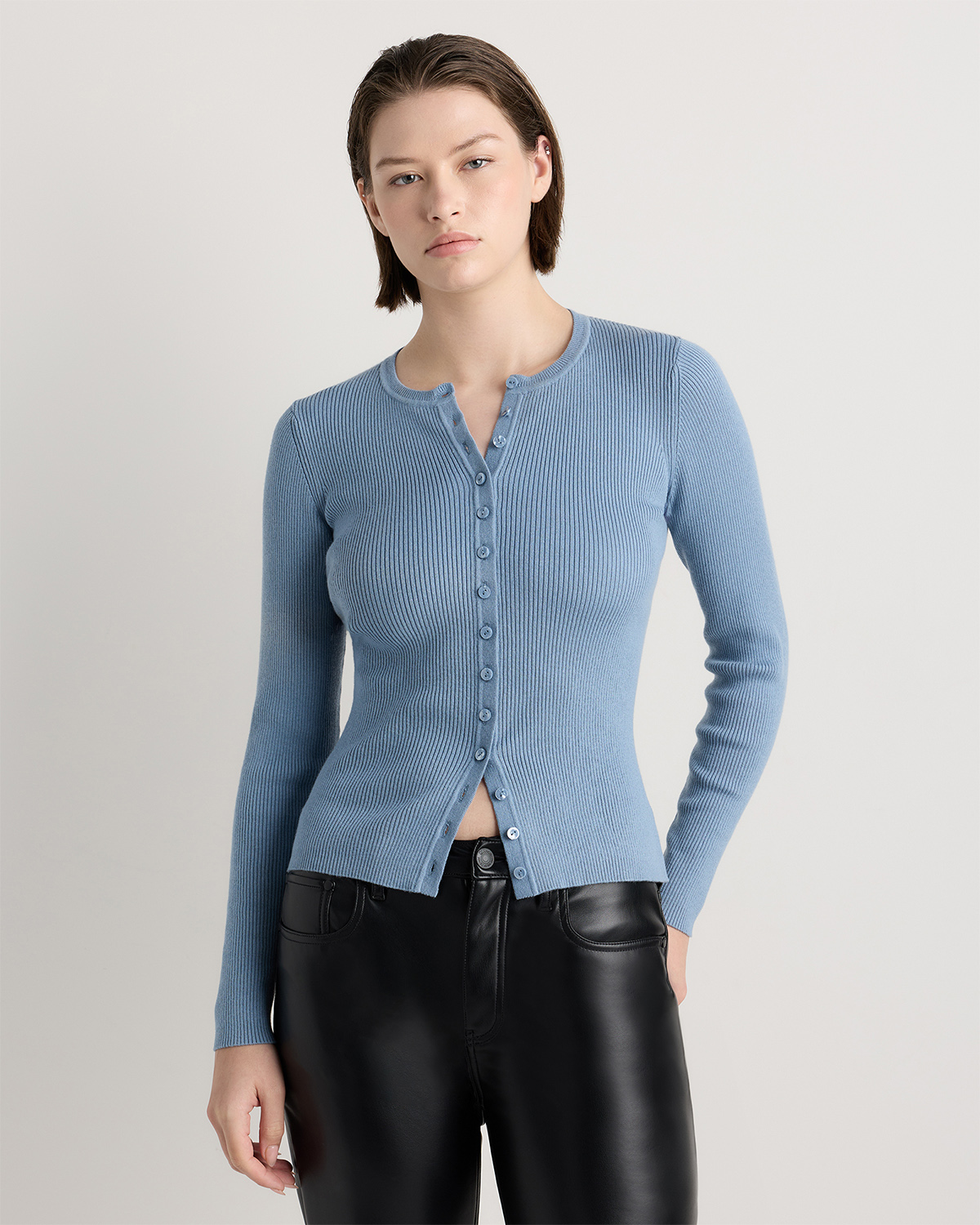 Mountain Spring Blue Cotton Cashmere Fitted Ribbed Cardigan