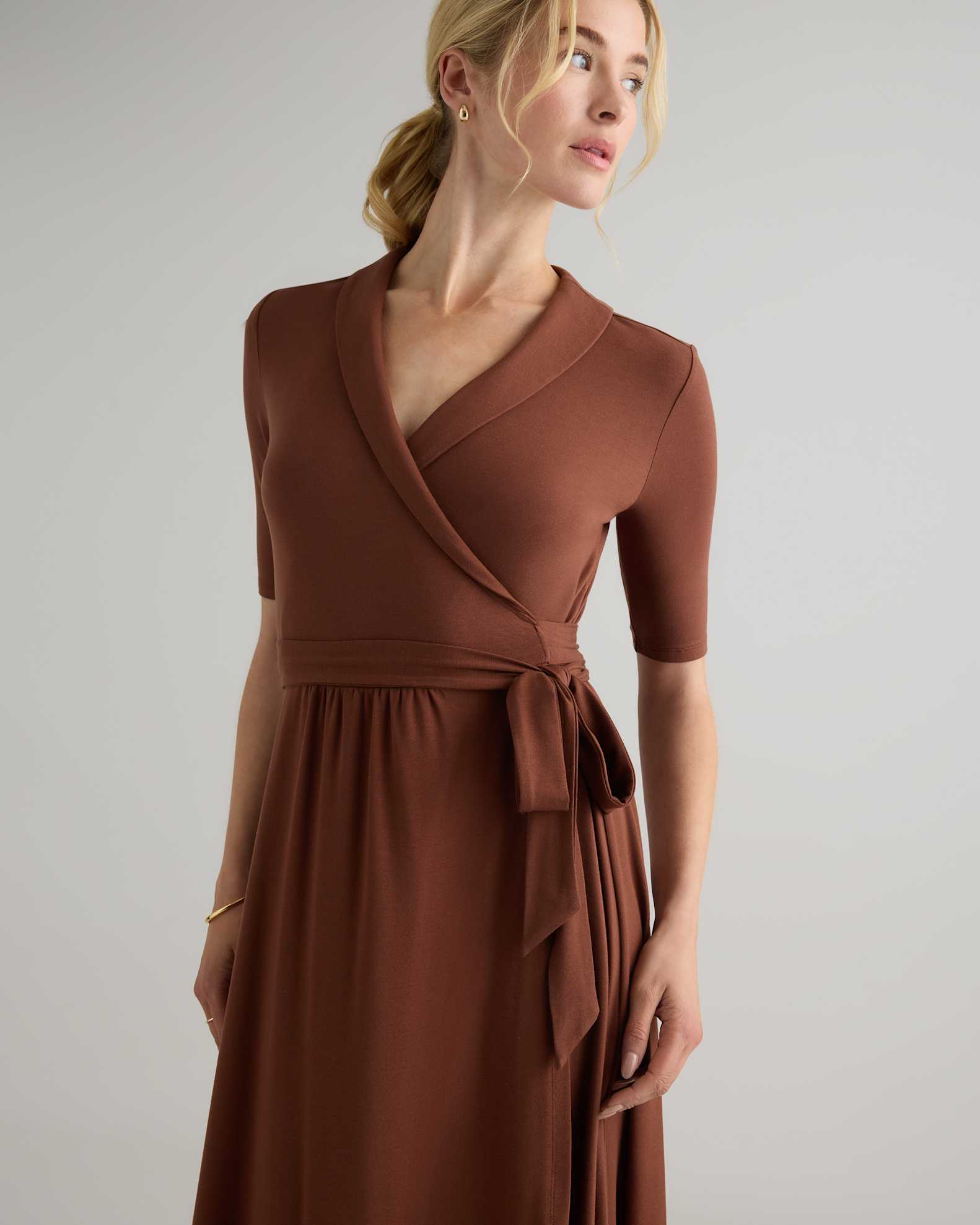 Quince Women's Tencel Jersey Midi Wrap Dress, Size Large, Brown - Eco-Friendly, Comfortable, Modern Length Quince Women's Tencel Jersey Midi Wrap Dress, Size Large, Brown - Eco-Friendly, Comfortable, Modern Length