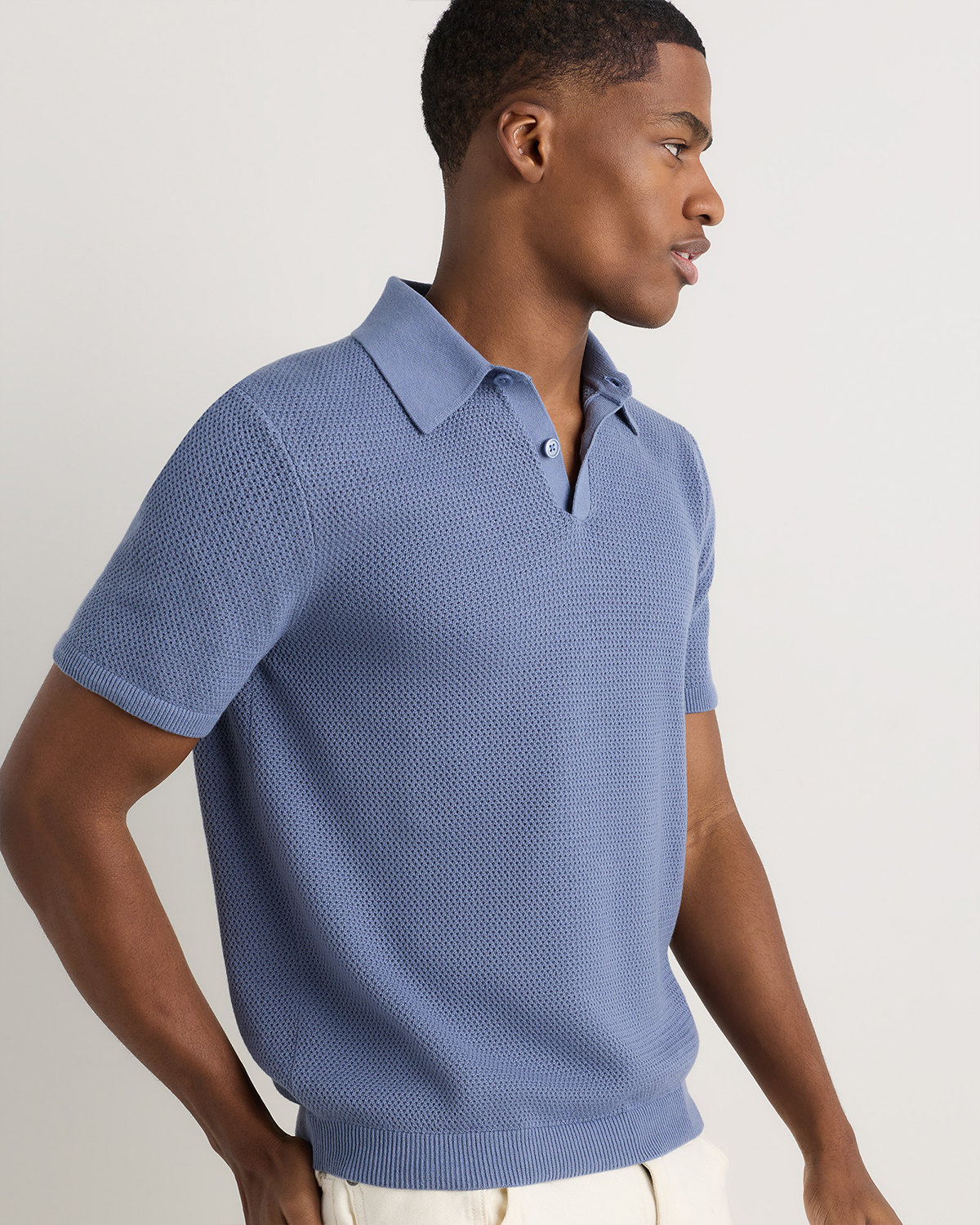 100% Organic Cotton Mesh-Stitch Sweater Polo in Moonstone Blue