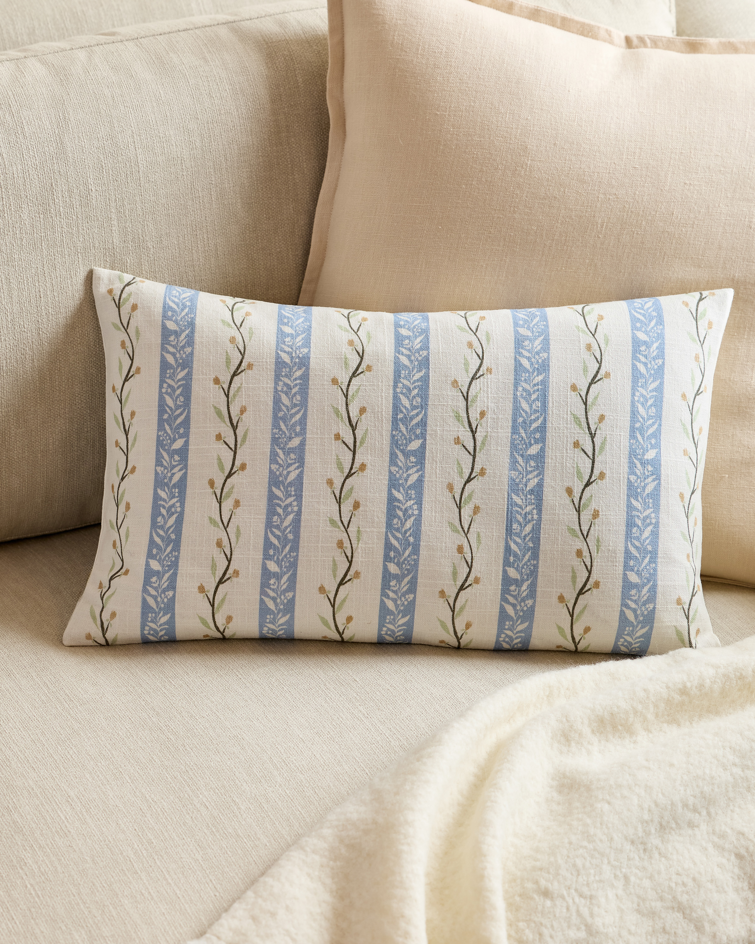 Light Blue Stripe Floral Vine Cotton Pillow Cover