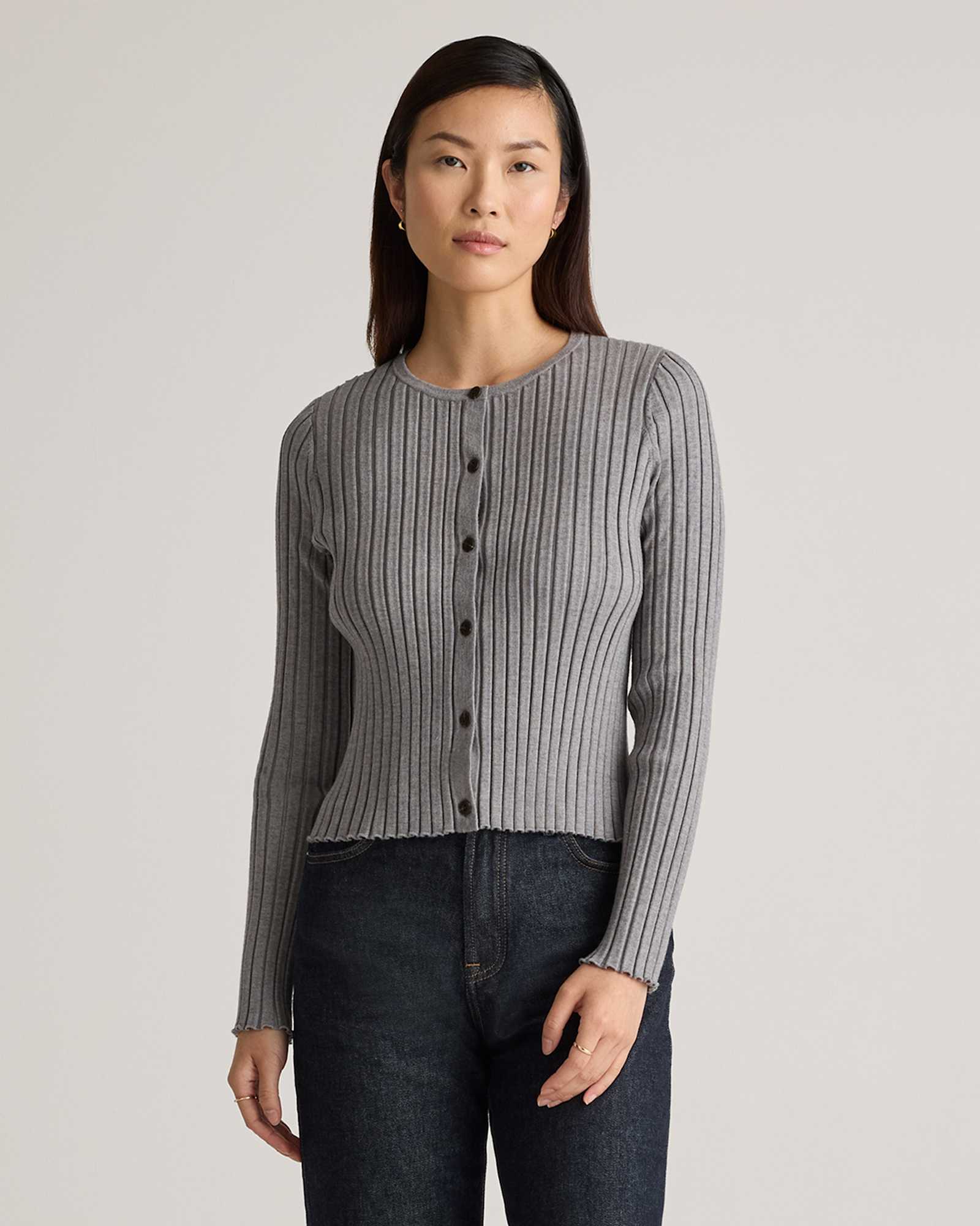 Micro Rib Cardigan Eco-Knit Cropped Rib Cardigan in Heather Grey