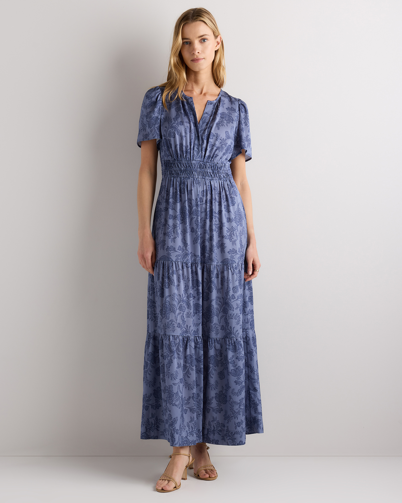 Moonstone Blue Heirloom Floral Washable Stretch Silk Tiered Maxi Dress