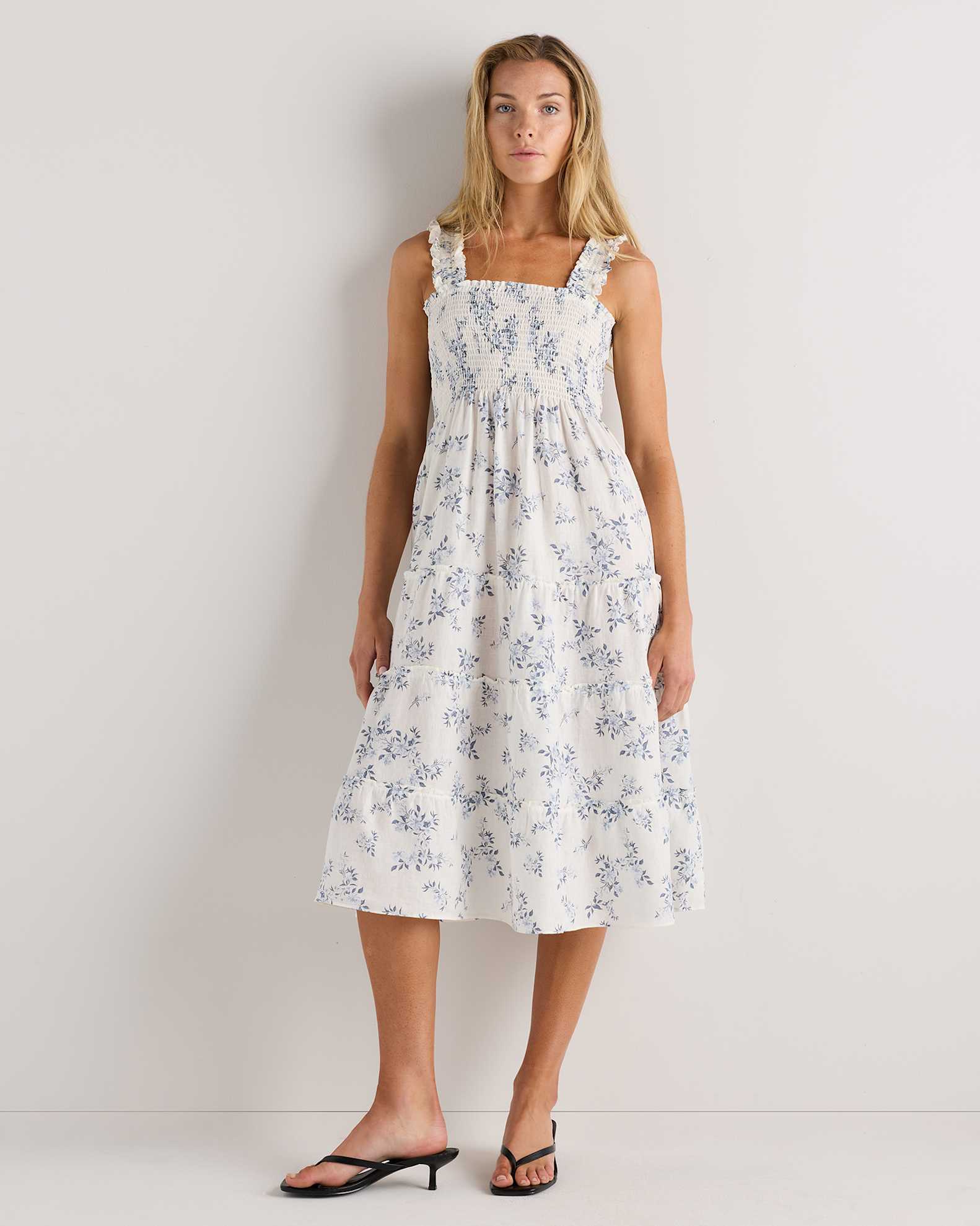 blue and white smocked midi dress Baltic Born Women's Dolores Smocked Midi Dress - Blue