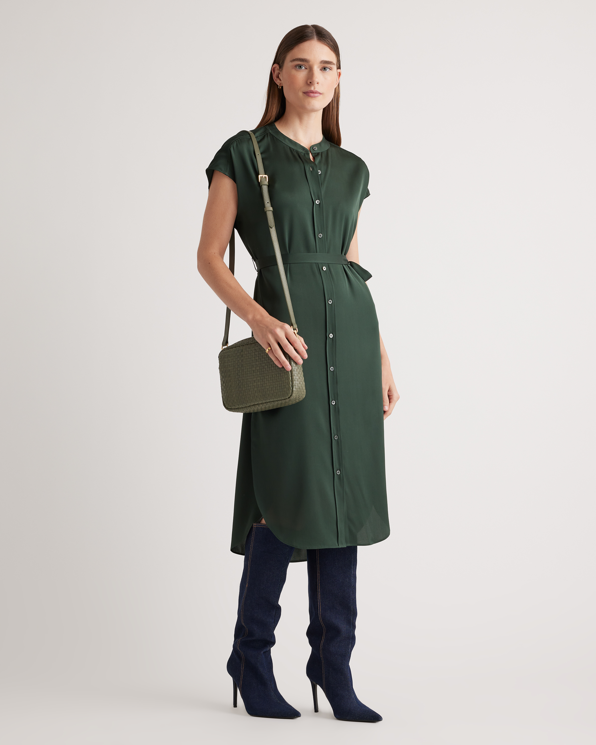 Italian Leather Woven Camera Crossbody in Olive