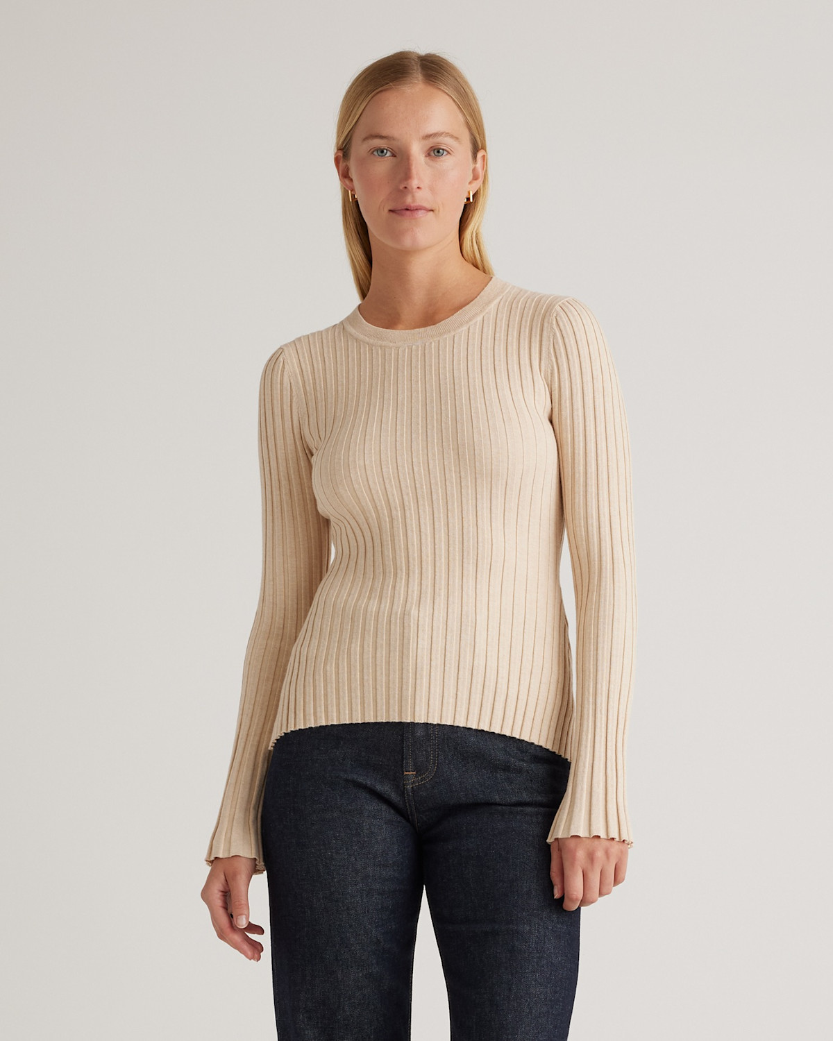 Cotton Cashmere Ribbed Long Sleeve Sweater in Heather Oatmeal