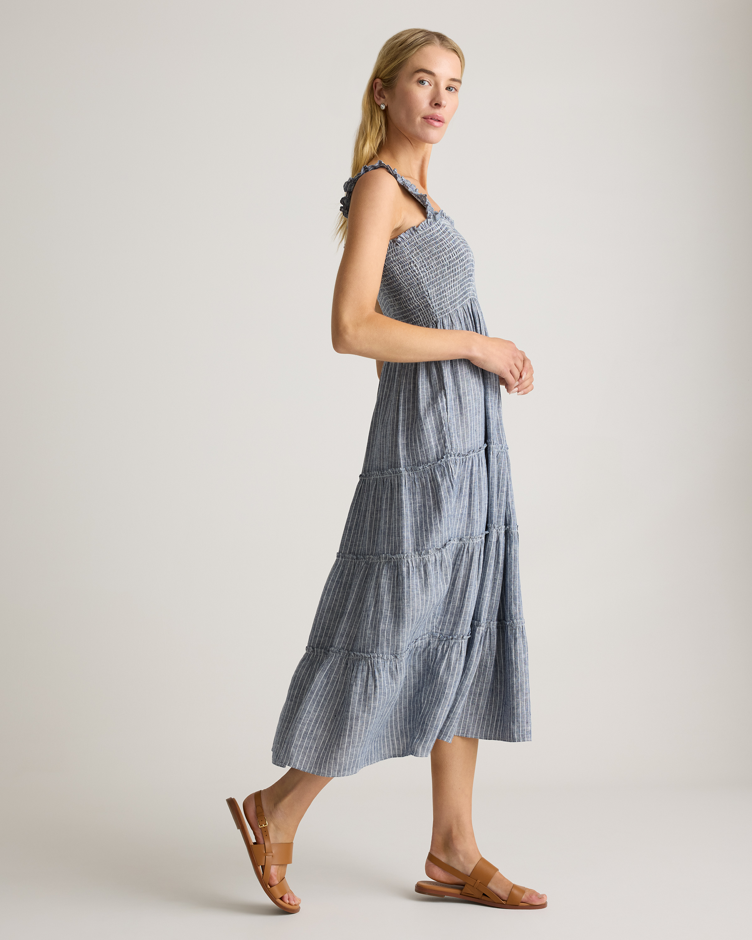 Women's 100% European Linen Smocked Midi Dress in Chambray Stripe, Size Medium by Quince