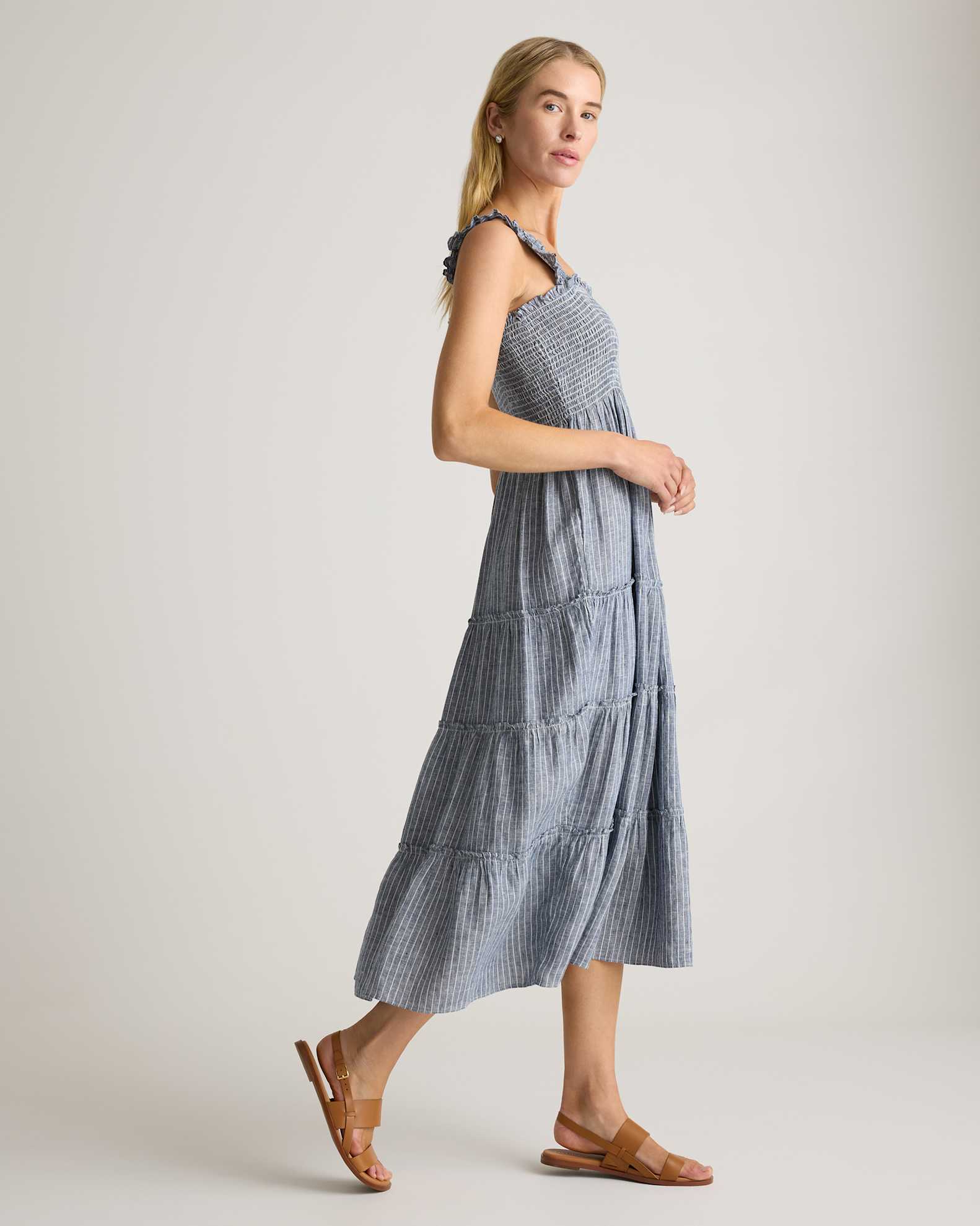 Women's 100% European Linen Smocked Midi Dress in Chambray Stripe, Size Medium by Quince Women's 100% European Linen Smocked Midi Dress in Chambray Stripe, Size Medium by Quince