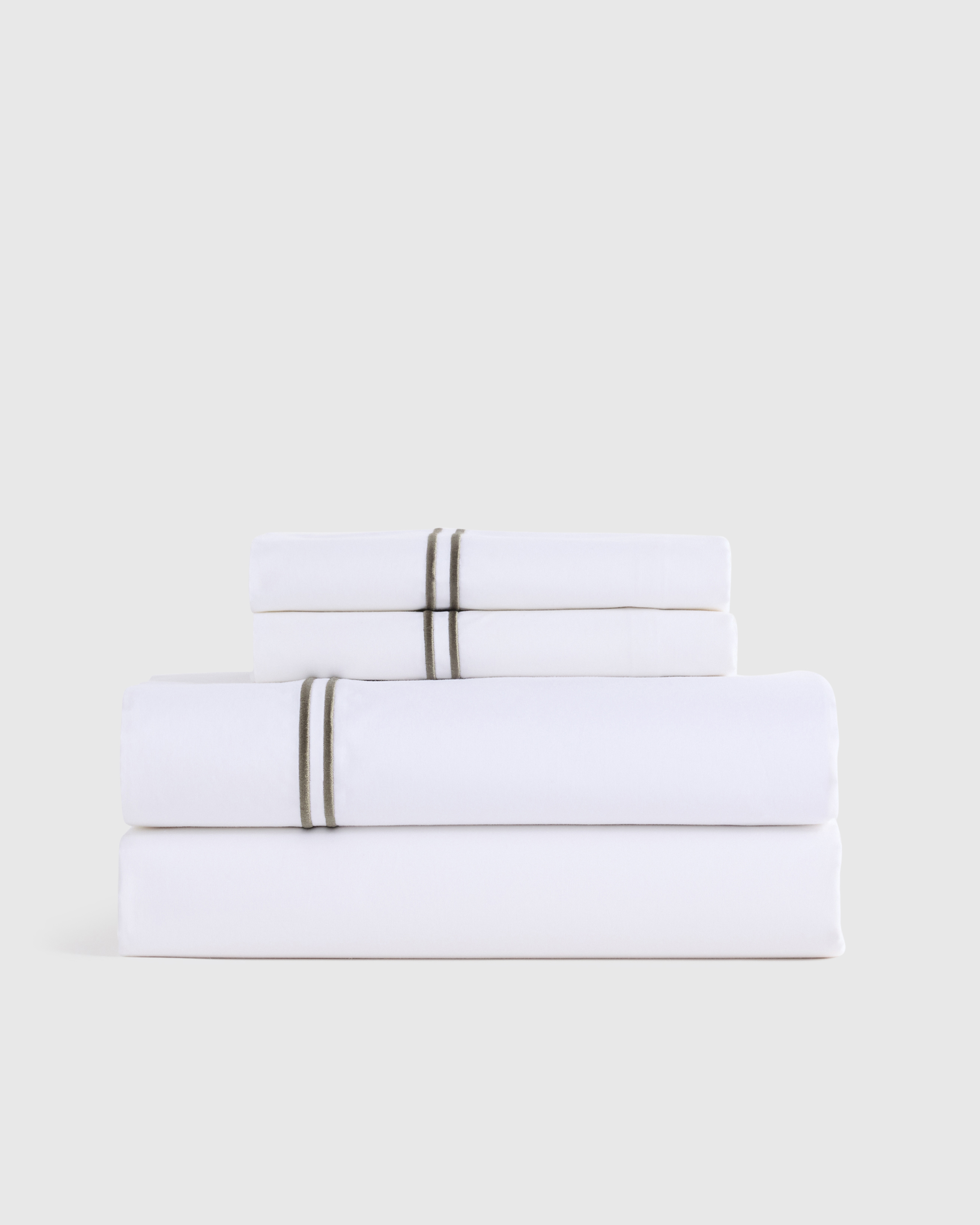 White/Dusty Olive Organic Crisp Percale Embellished Sheet Set