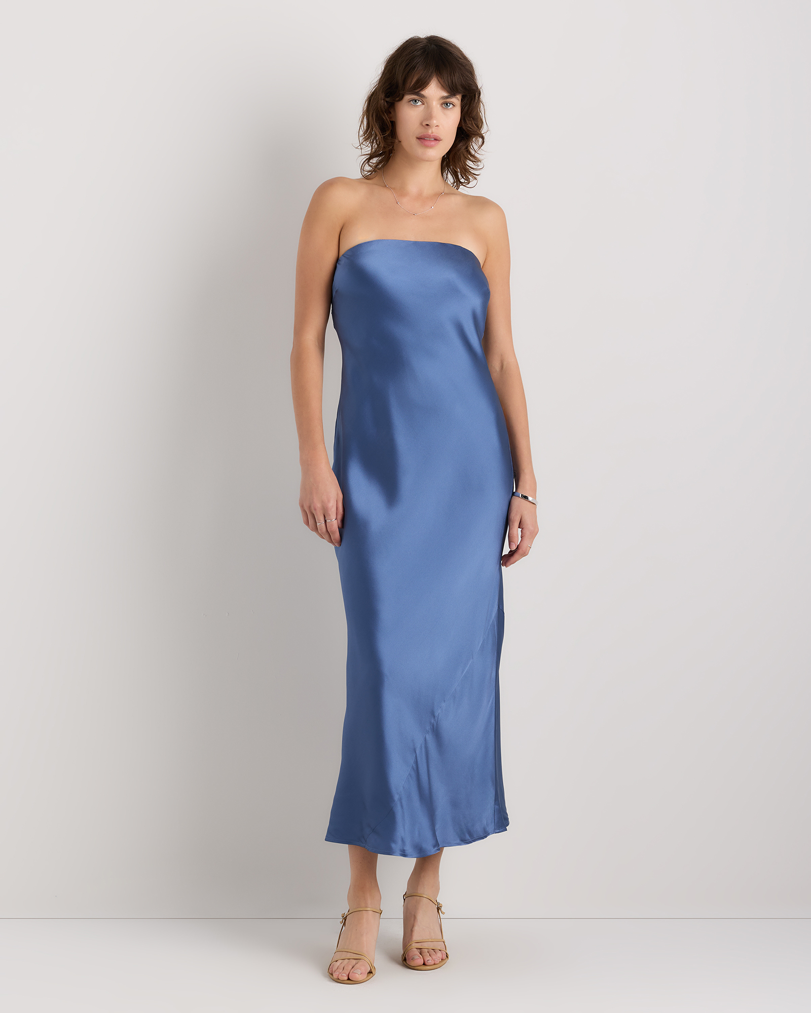 Moonstone Blue 100% Washable Silk Strapless Midi Dress