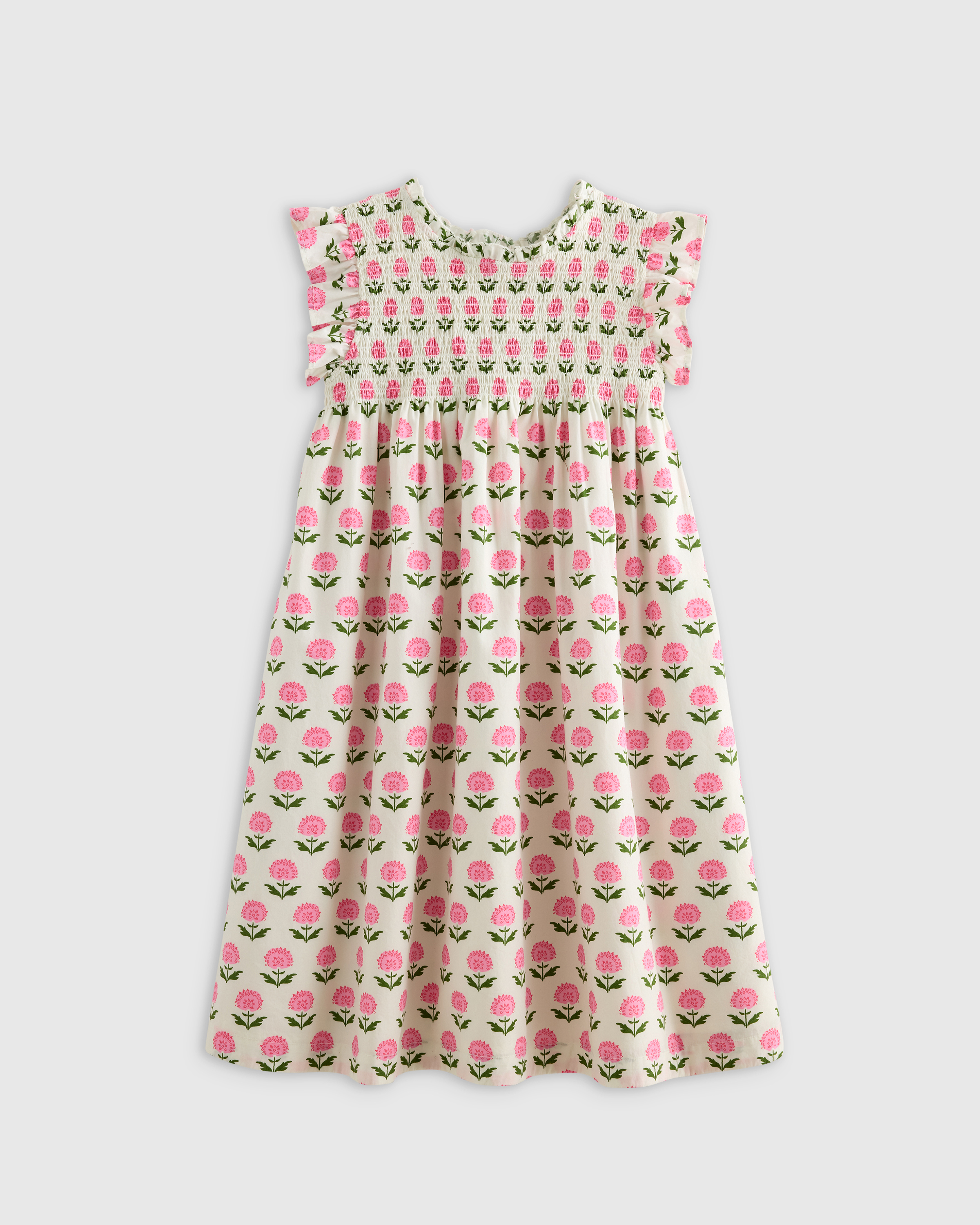 Pink Woodblock Floral 100% Organic Cotton Poplin Smocked Flutter Sleeve Dress