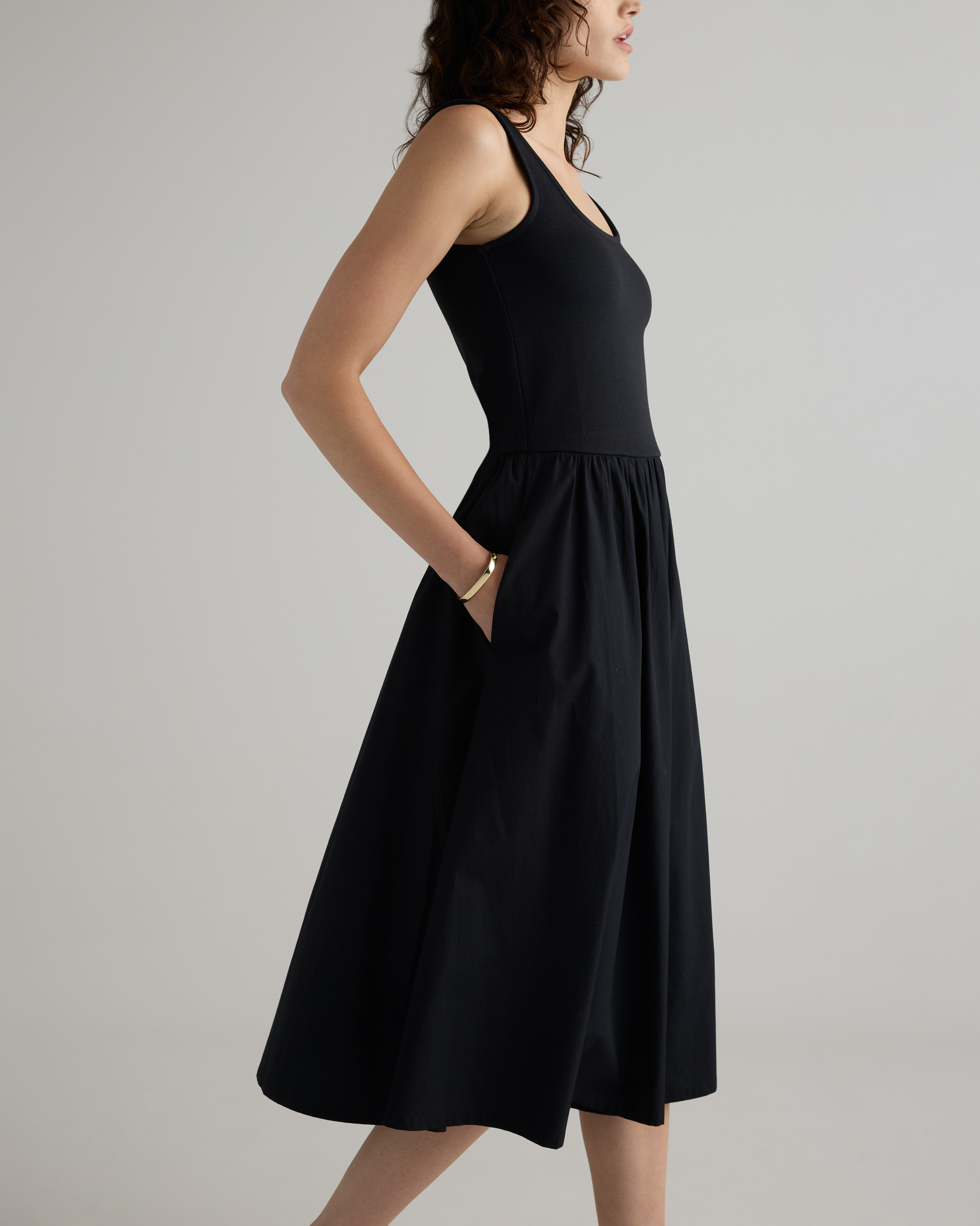 Women's Cotton Mixed Media Tank Top Dress in Black, Size Large, Cotton/Modal by Quince