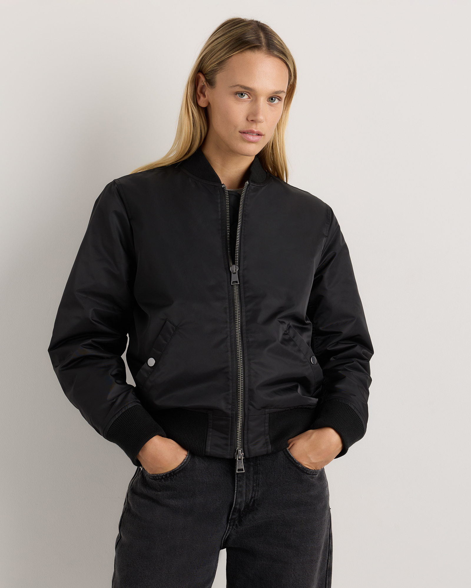 Quince Women's Flight Nylon Bomber Jacket In Black