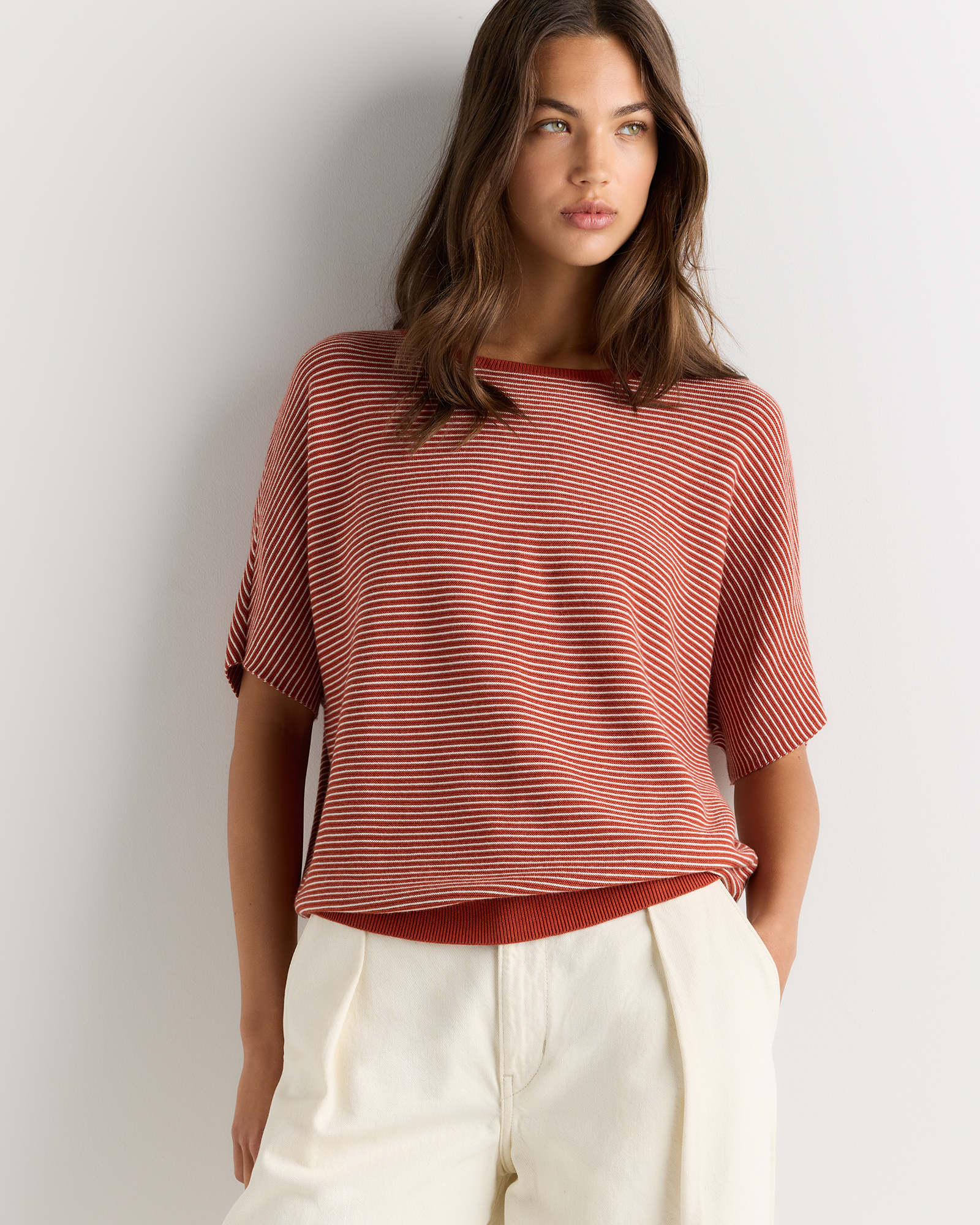 Spiced Clay Orange Mini Stripe Lightweight Cotton Cashmere Link-Stitch Dolman Sweater 