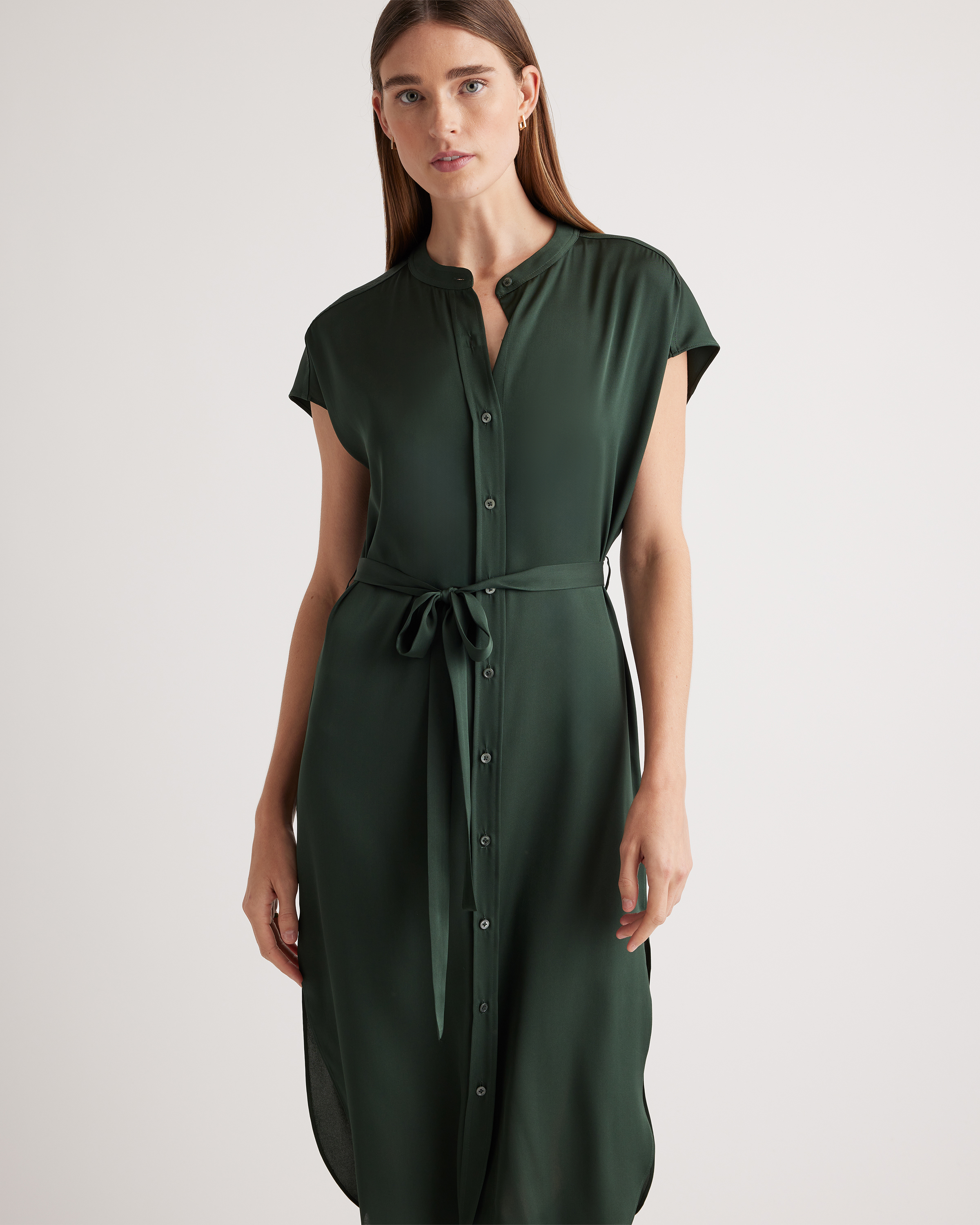 Quince Women's Stretch Silk Midi Shirt Dress, Forest Green, Size XS - Washable, Mulberry Silk, Modern Design