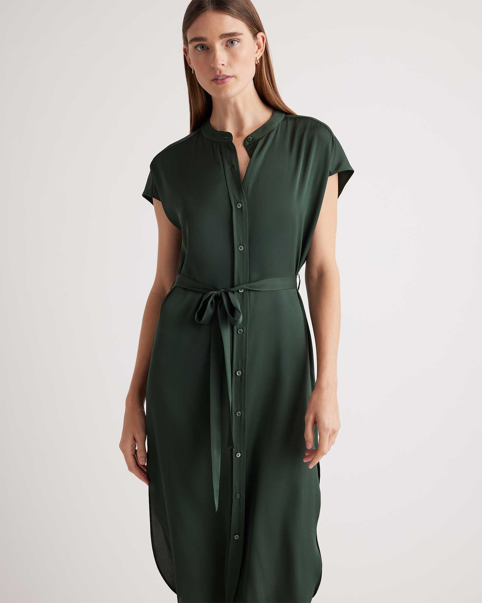 Quince Women's Stretch Silk Midi Shirt Dress, Forest Green, Size XS - Washable, Mulberry Silk, Modern Design Quince Women's Stretch Silk Midi Shirt Dress, Forest Green, Size XS - Washable, Mulberry Silk, Modern Design